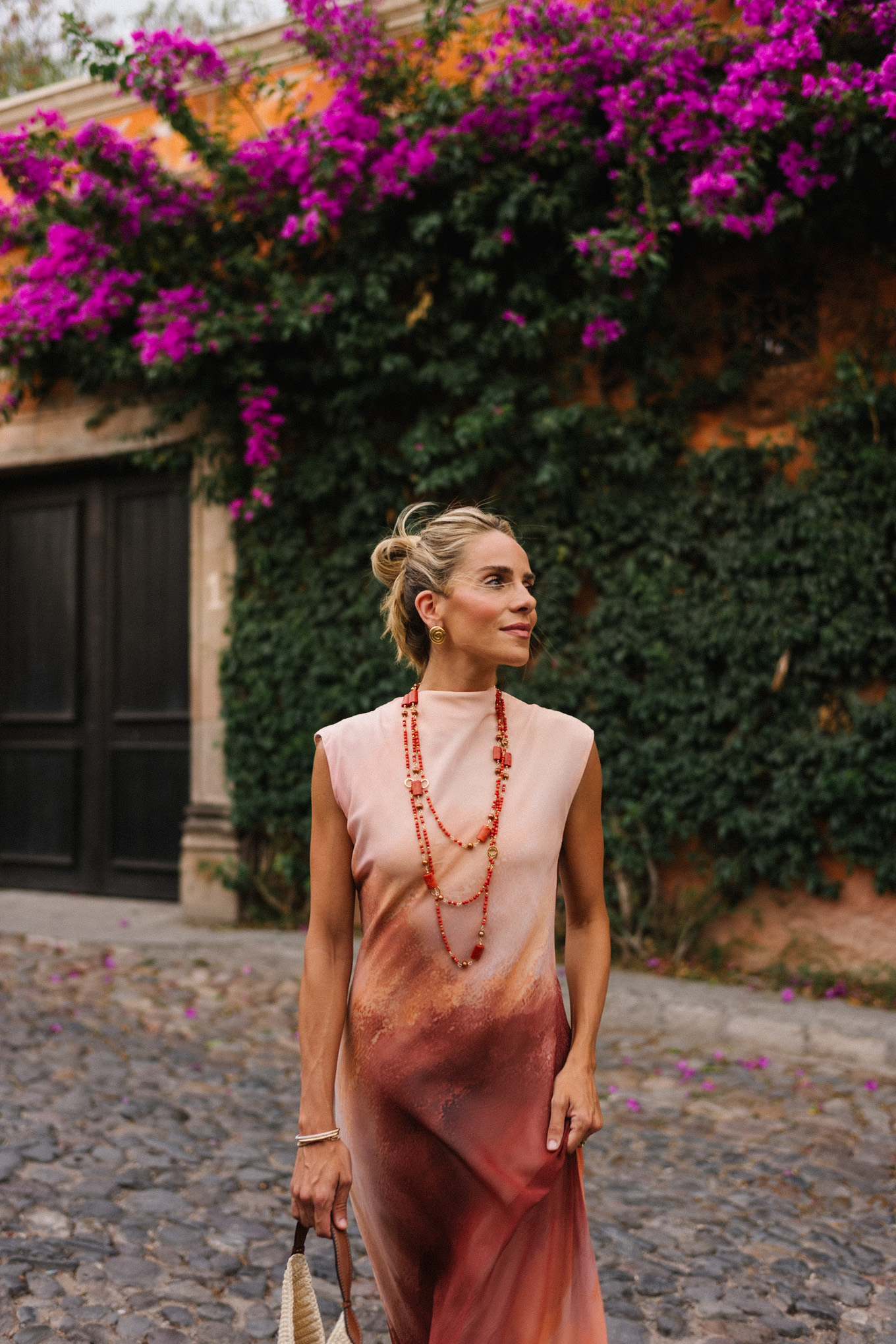 peach burnt orange ombre maxi dress orange jewels rattan handbag