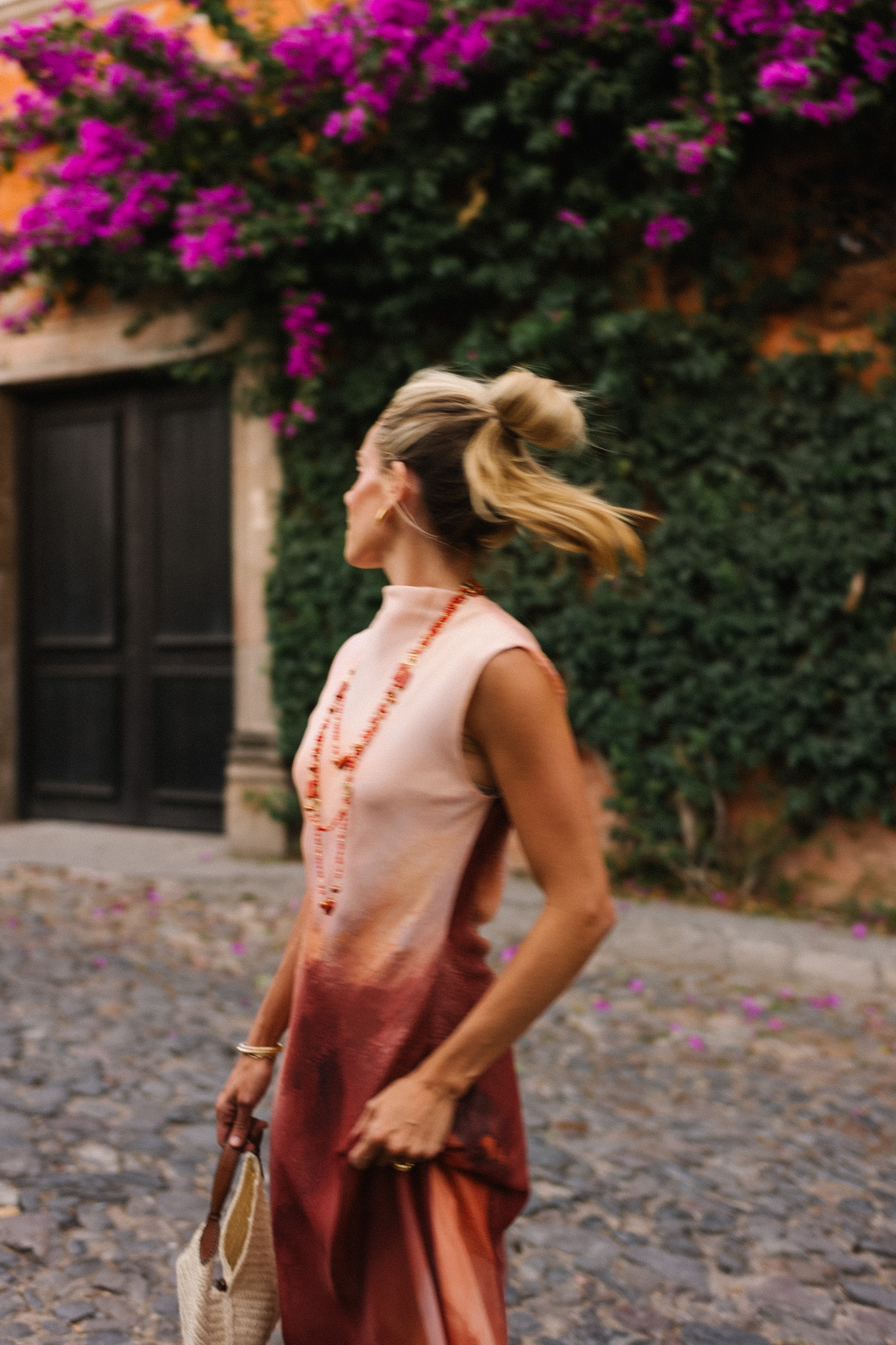 peach burnt orange ombre maxi dress orange jewels rattan handbag