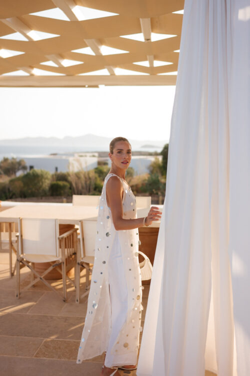 white sheer sequin tunic top blue mesh bra white maxi skirt white leather sandals