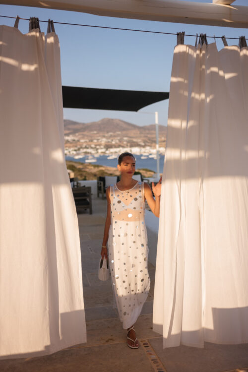 white sheer sequin tunic top blue mesh bra white maxi skirt white leather sandals