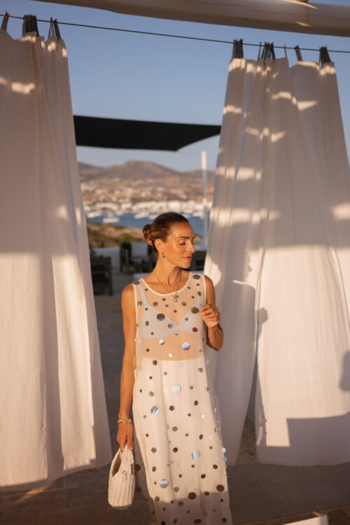 white sheer sequin tunic top blue mesh bra white maxi skirt white leather sandals