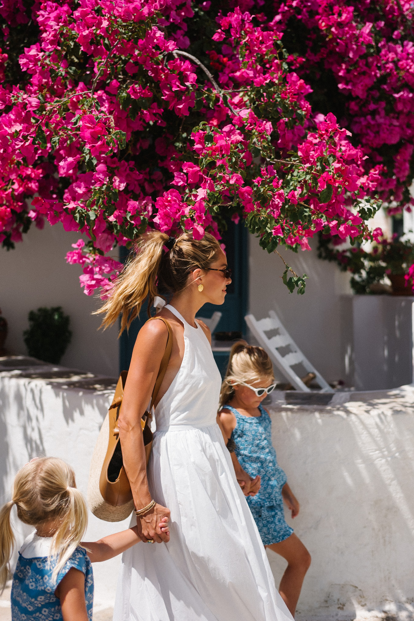 white halter sundress straw and leather tote