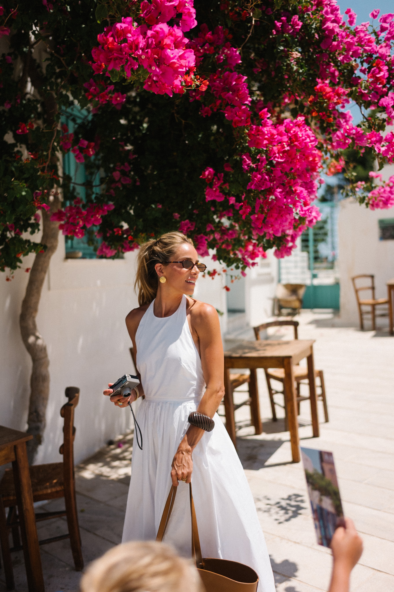 white halter sundress straw and leather tote