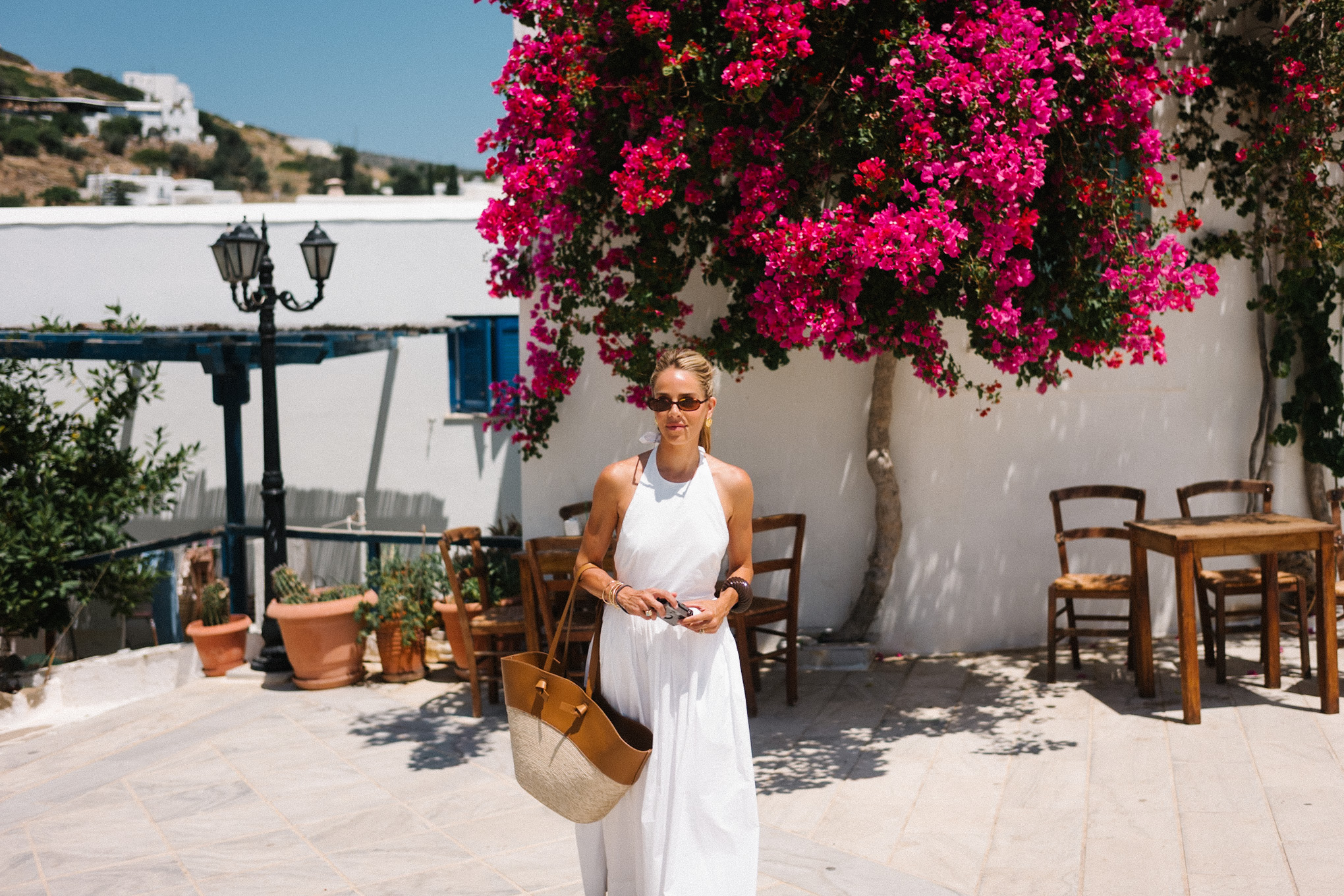 white halter sundress straw and leather tote