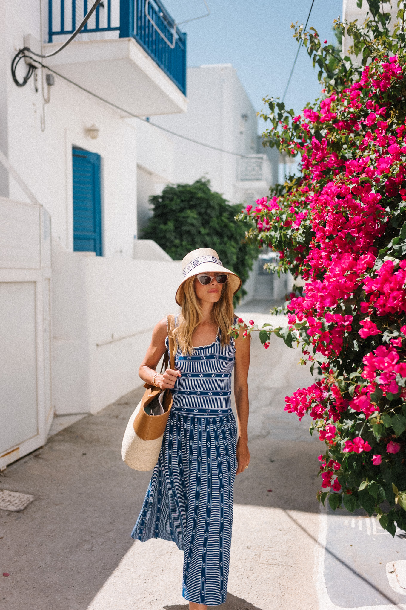 blue white jacquard tank and skirt set raffia bucket hat raffia tote white strappy sandals