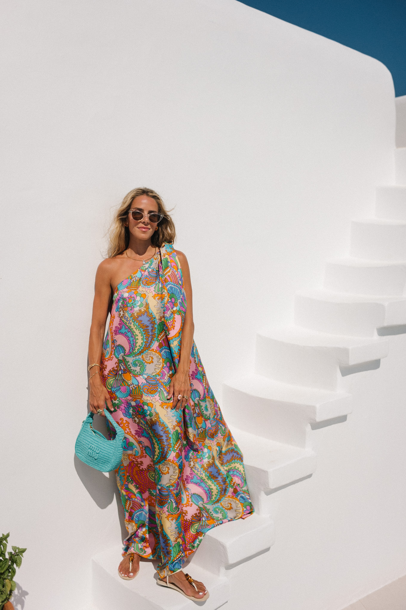 rainbow paisley silk dress turquoise handbag strappy sandals