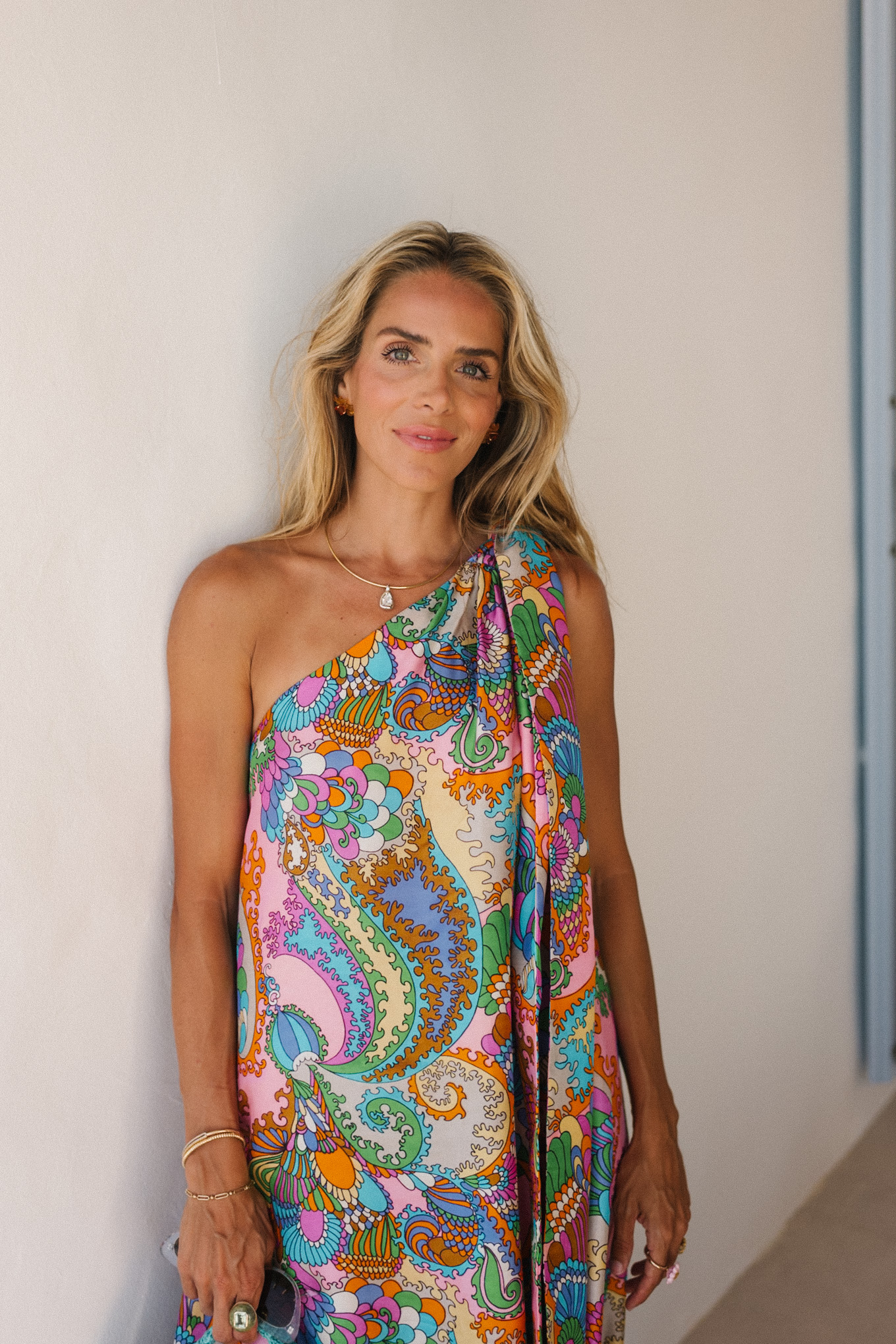 rainbow paisley silk dress turquoise handbag strappy sandals