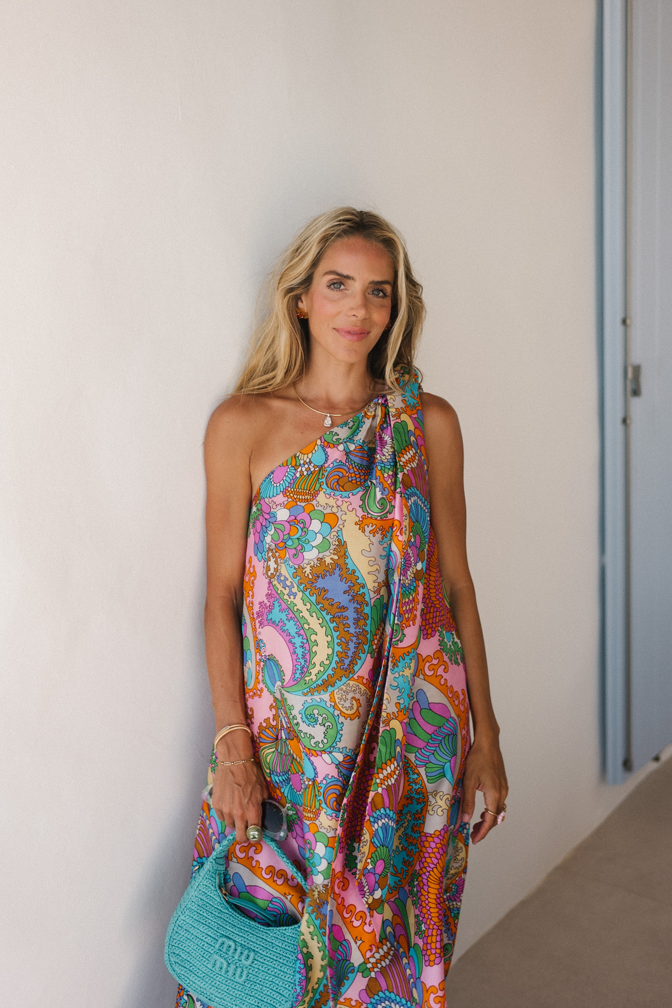 rainbow paisley silk dress turquoise handbag strappy sandals