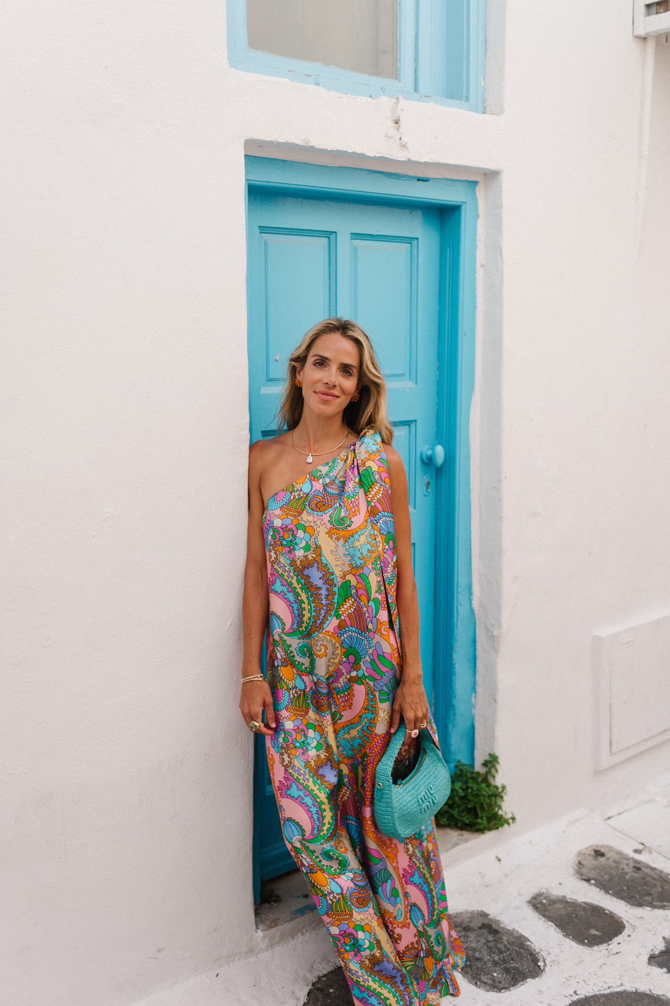 rainbow paisley silk dress turquoise handbag strappy sandals