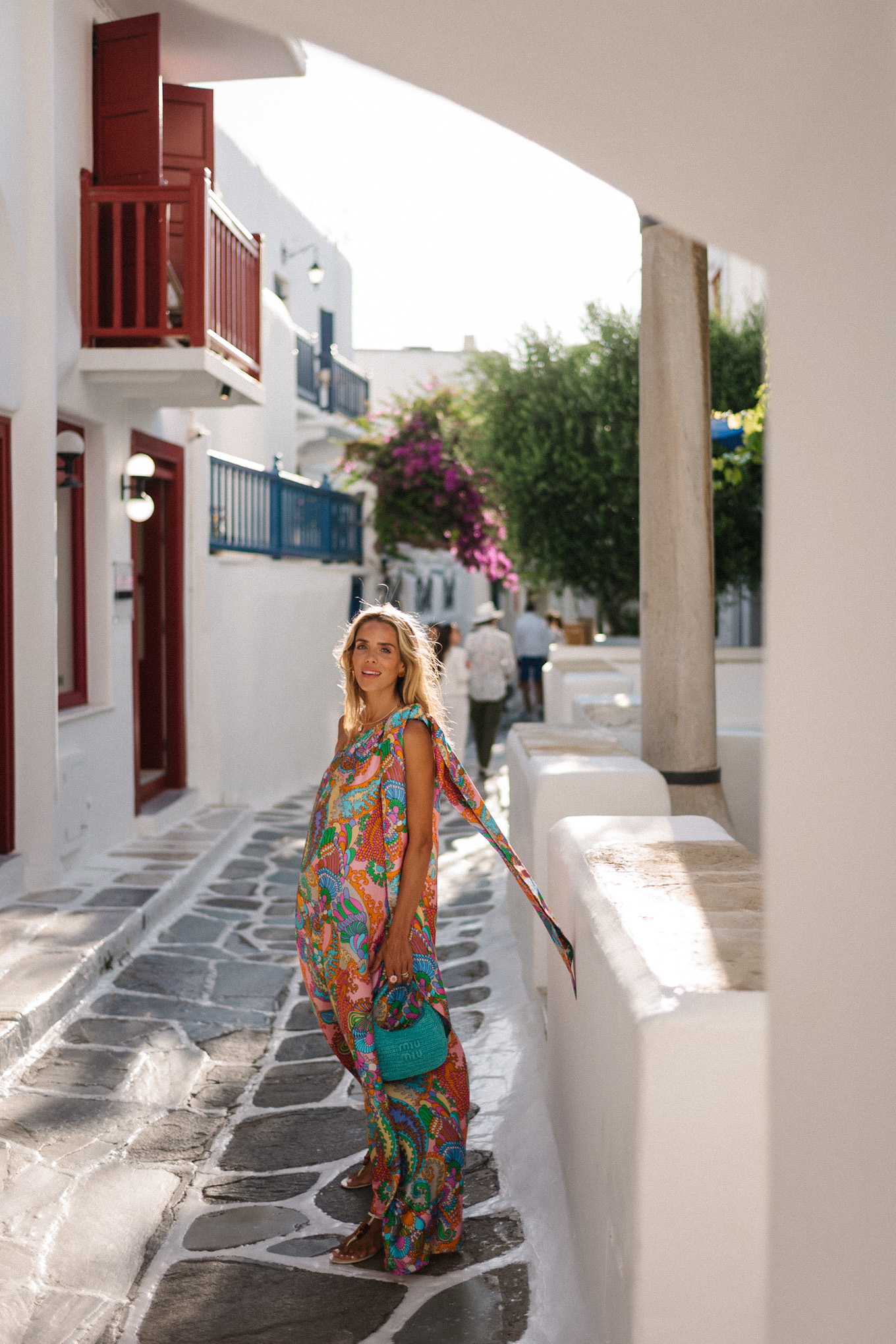 rainbow paisley silk dress turquoise handbag strappy sandals