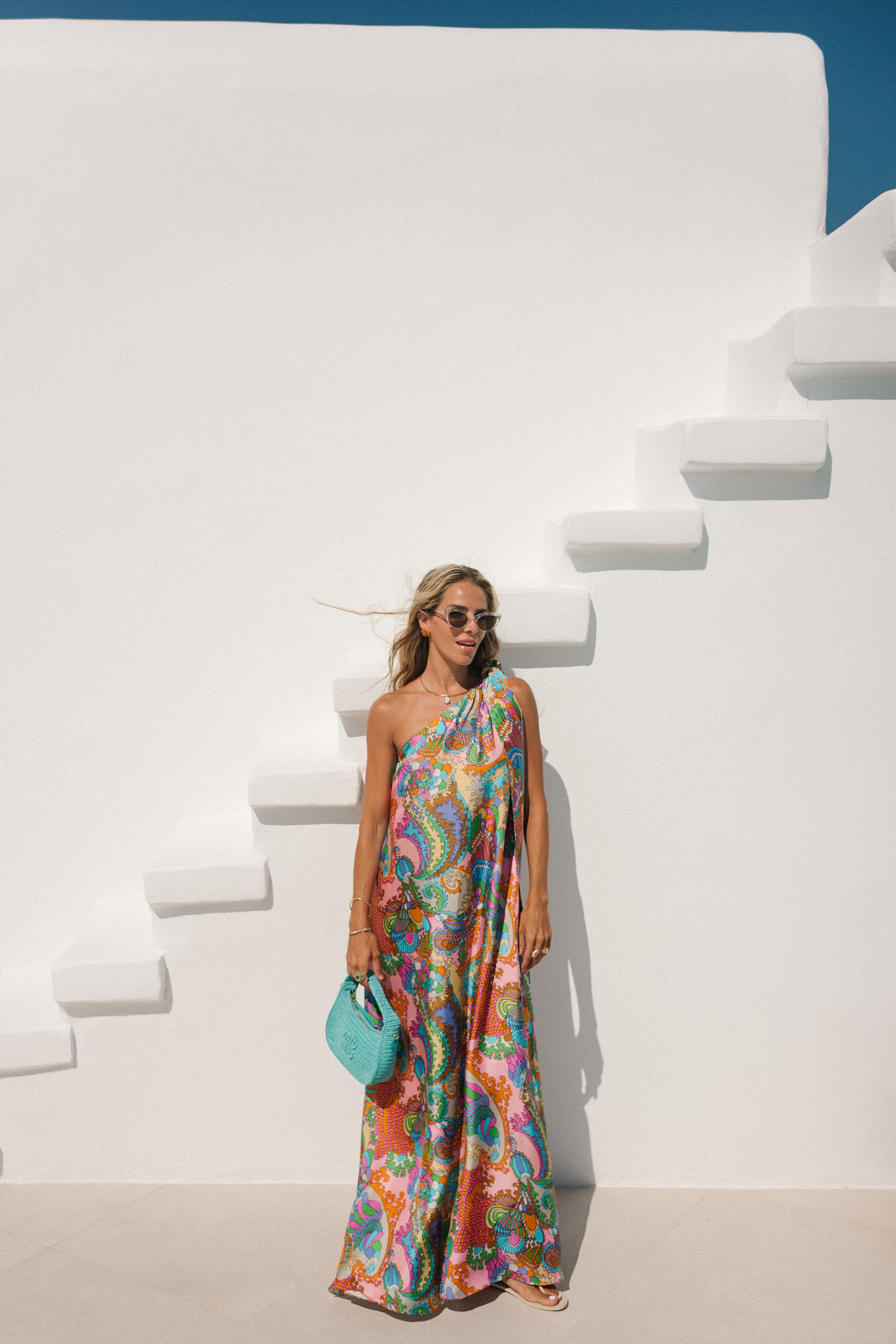 rainbow paisley silk dress turquoise handbag strappy sandals