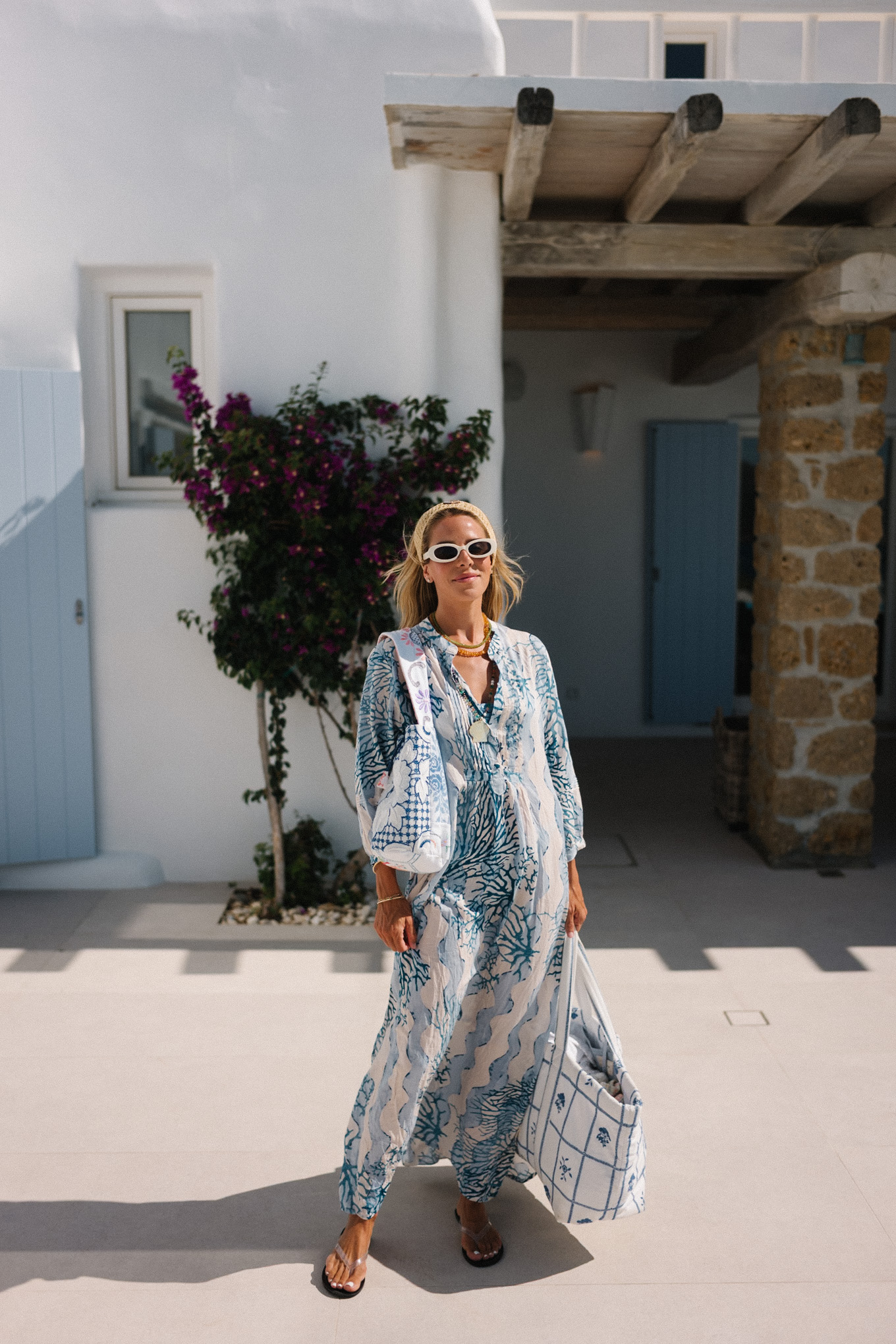 blue white caftan raffia headband white sunglasses blue white tote