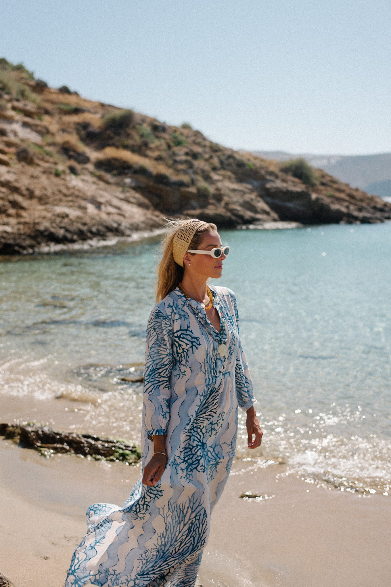 blue white caftan raffia headband white sunglasses