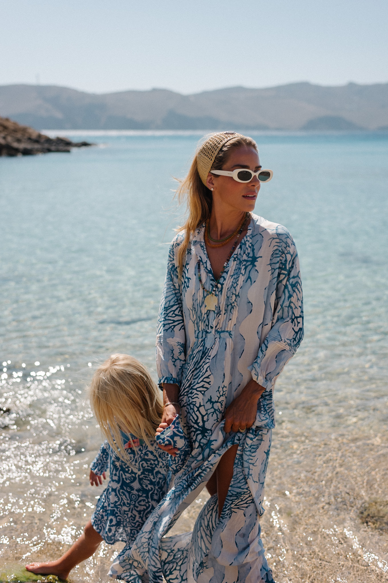 blue white caftan raffia headband white sunglasses