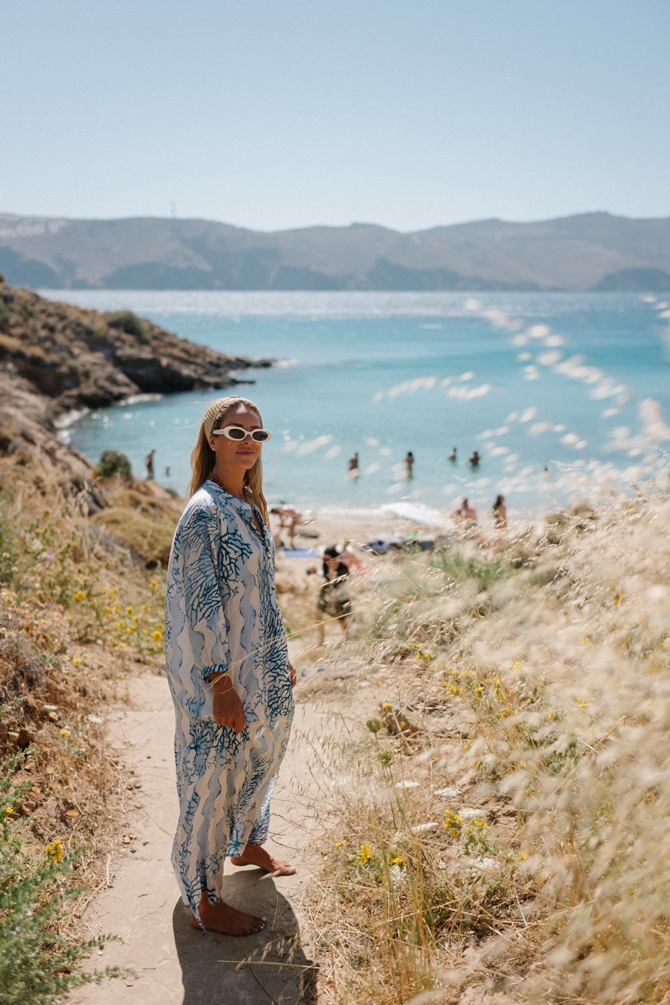 blue white caftan raffia headband white sunglasses