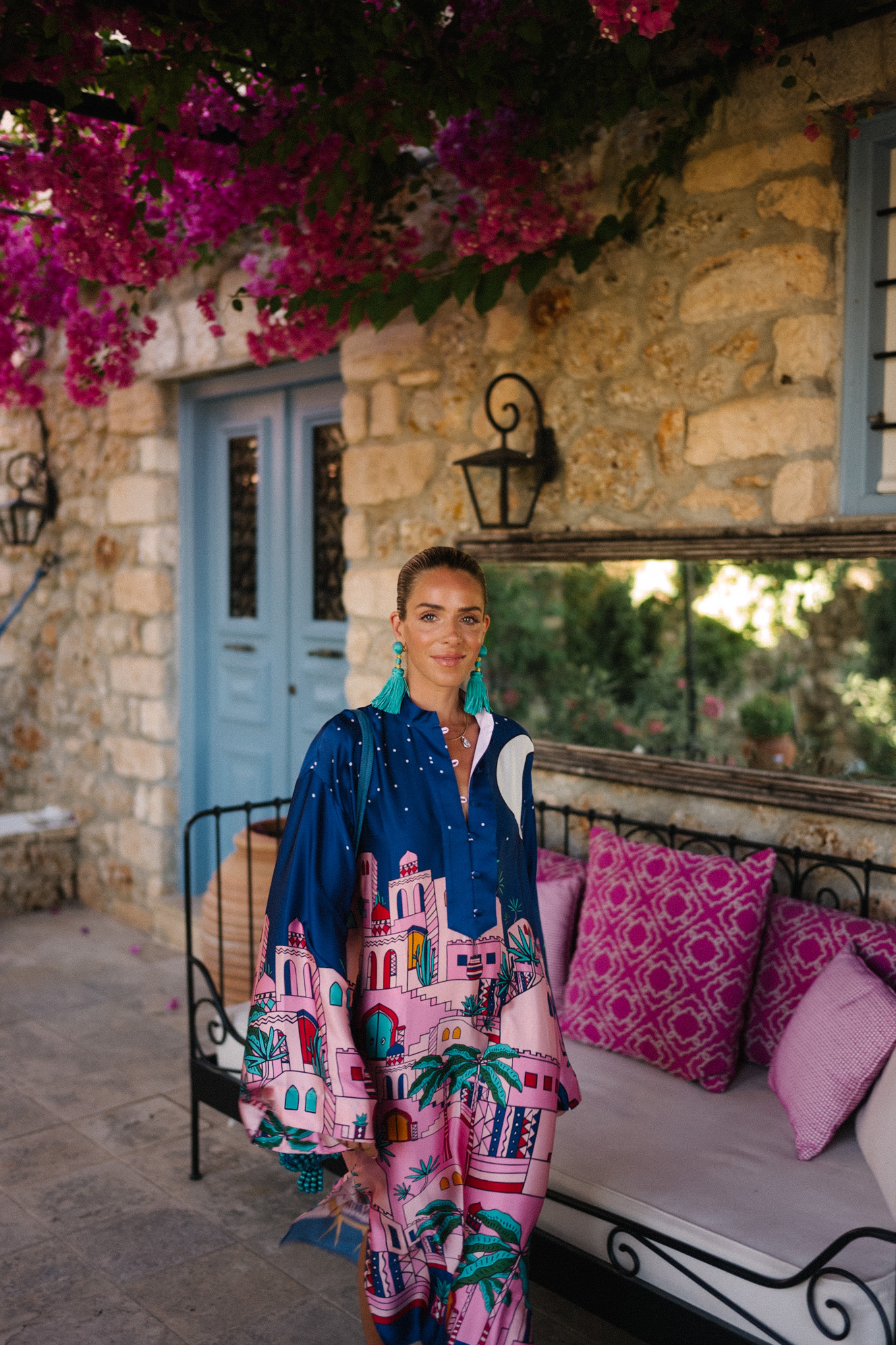 navy blue pink silk kaftan turquoise accessories