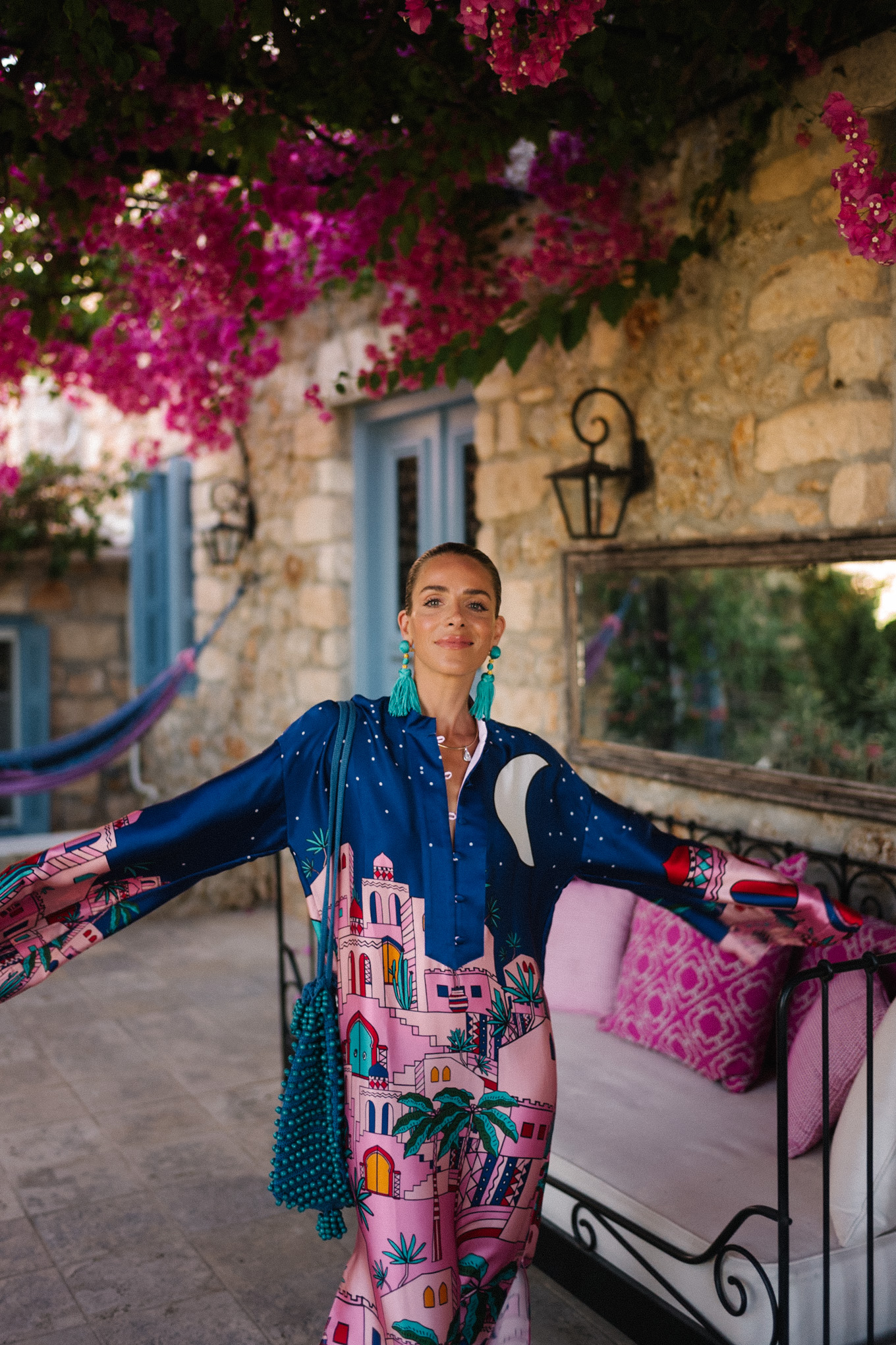 navy blue pink silk kaftan turquoise accessories