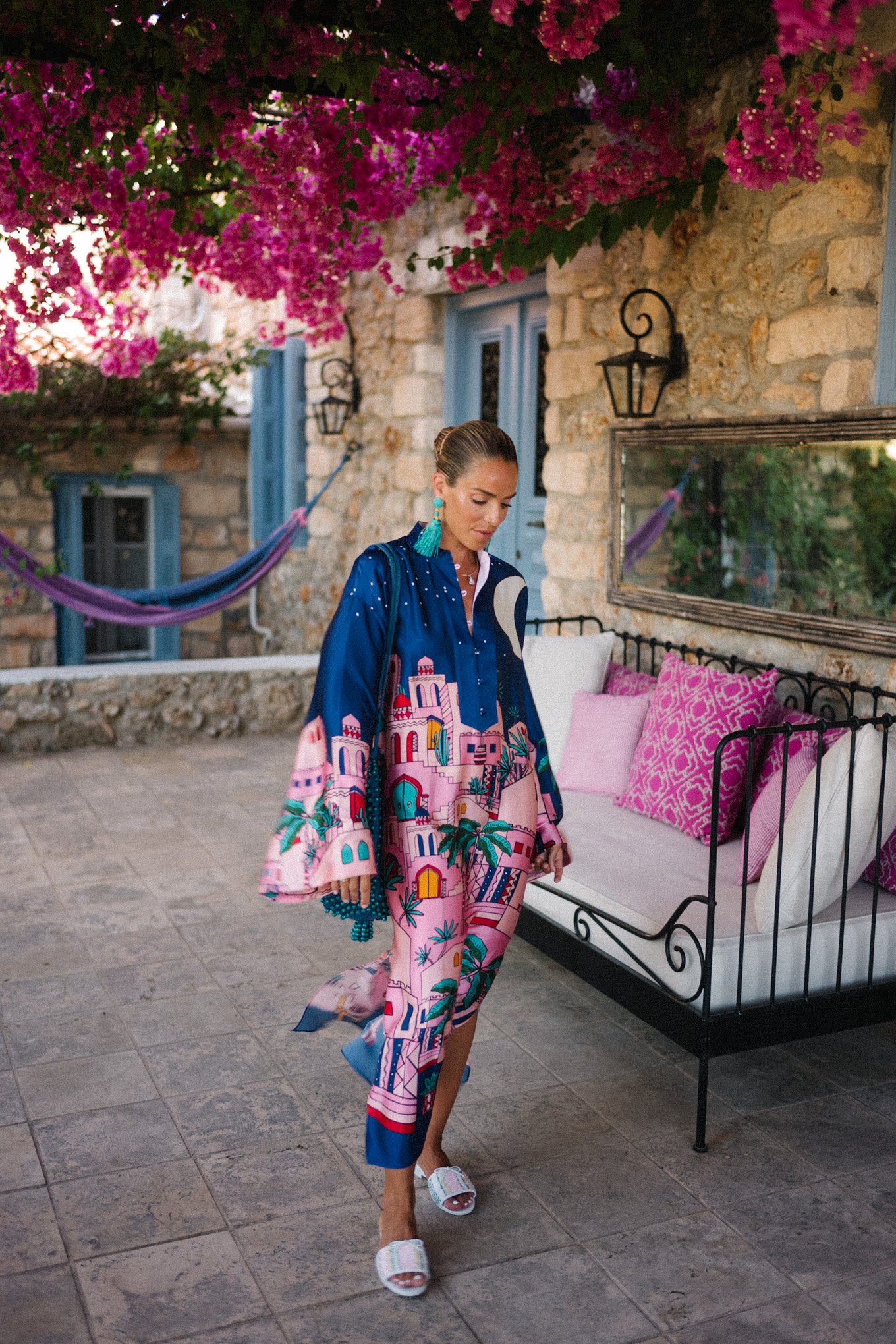 navy blue pink silk kaftan turquoise accessories