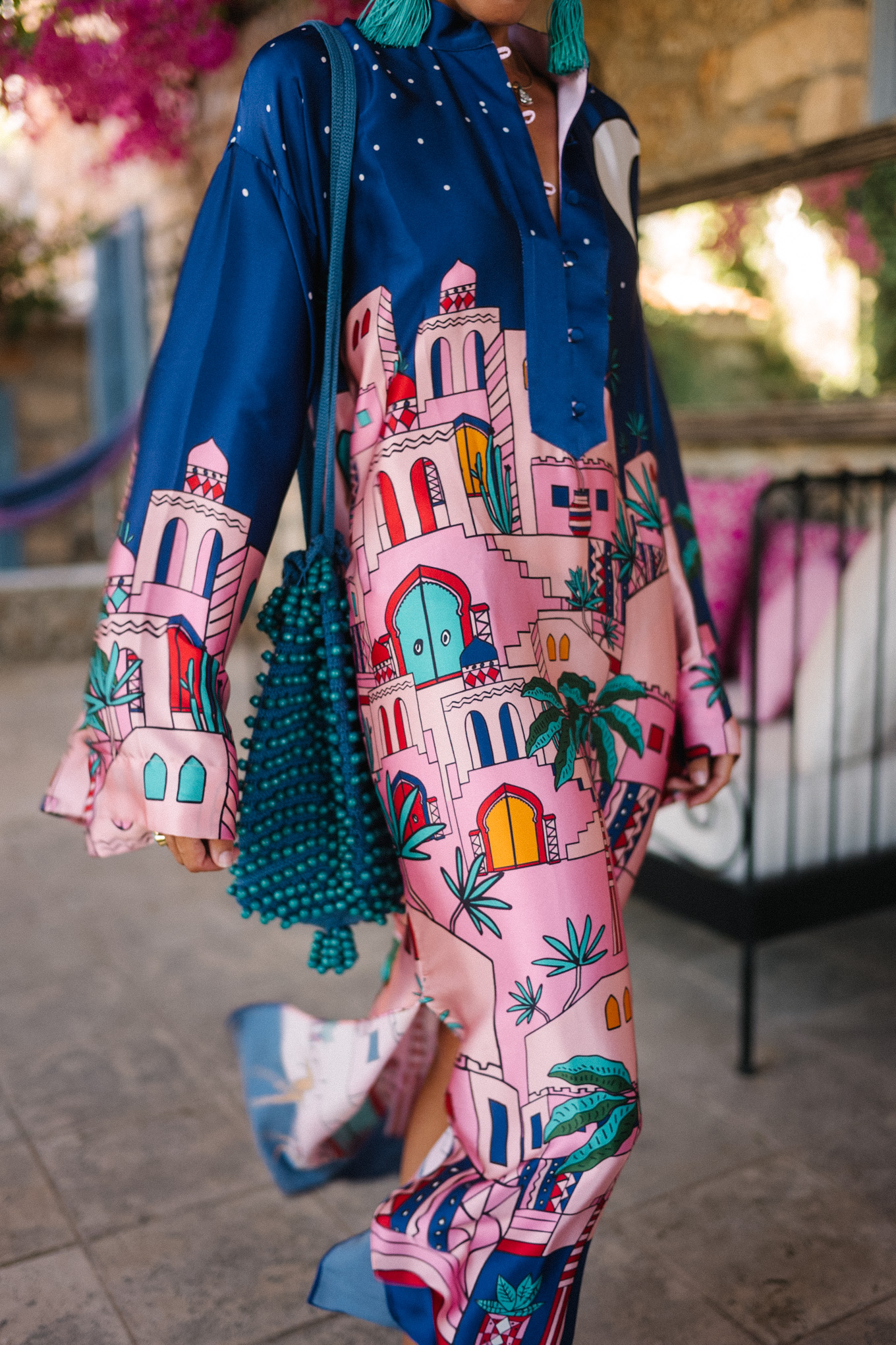 navy blue pink silk kaftan turquoise accessories