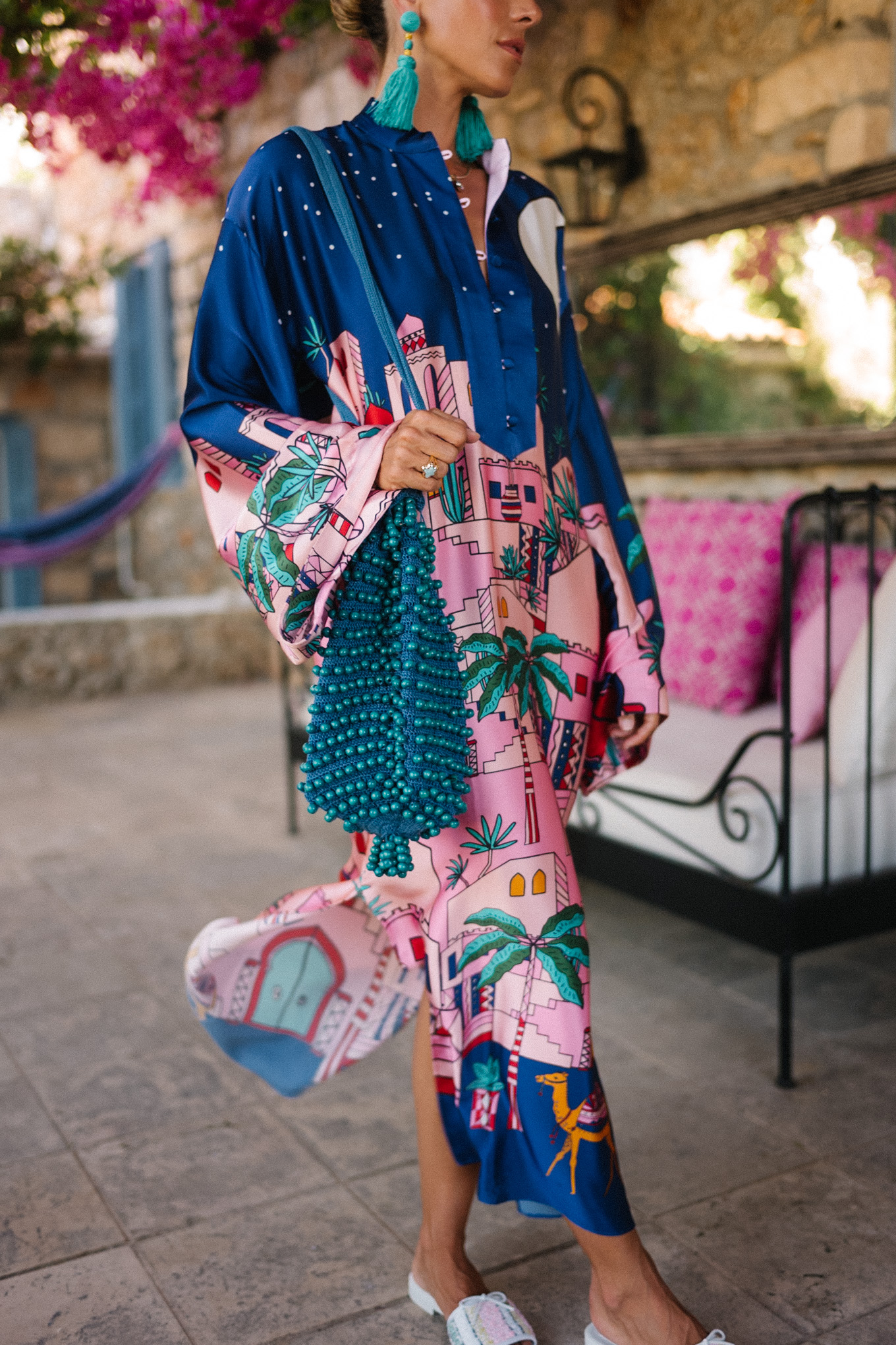 navy blue pink silk kaftan turquoise accessories