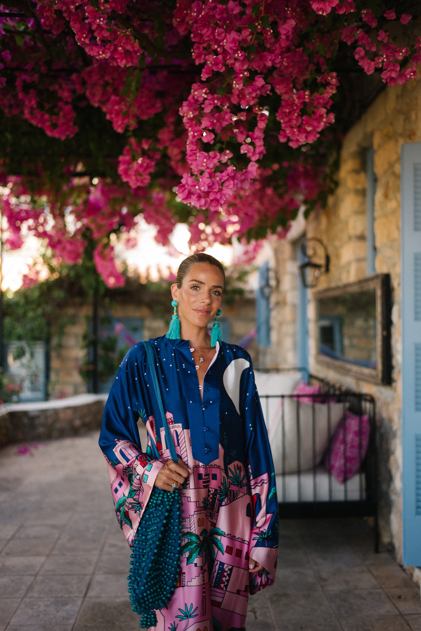 navy blue pink silk kaftan turquoise accessories