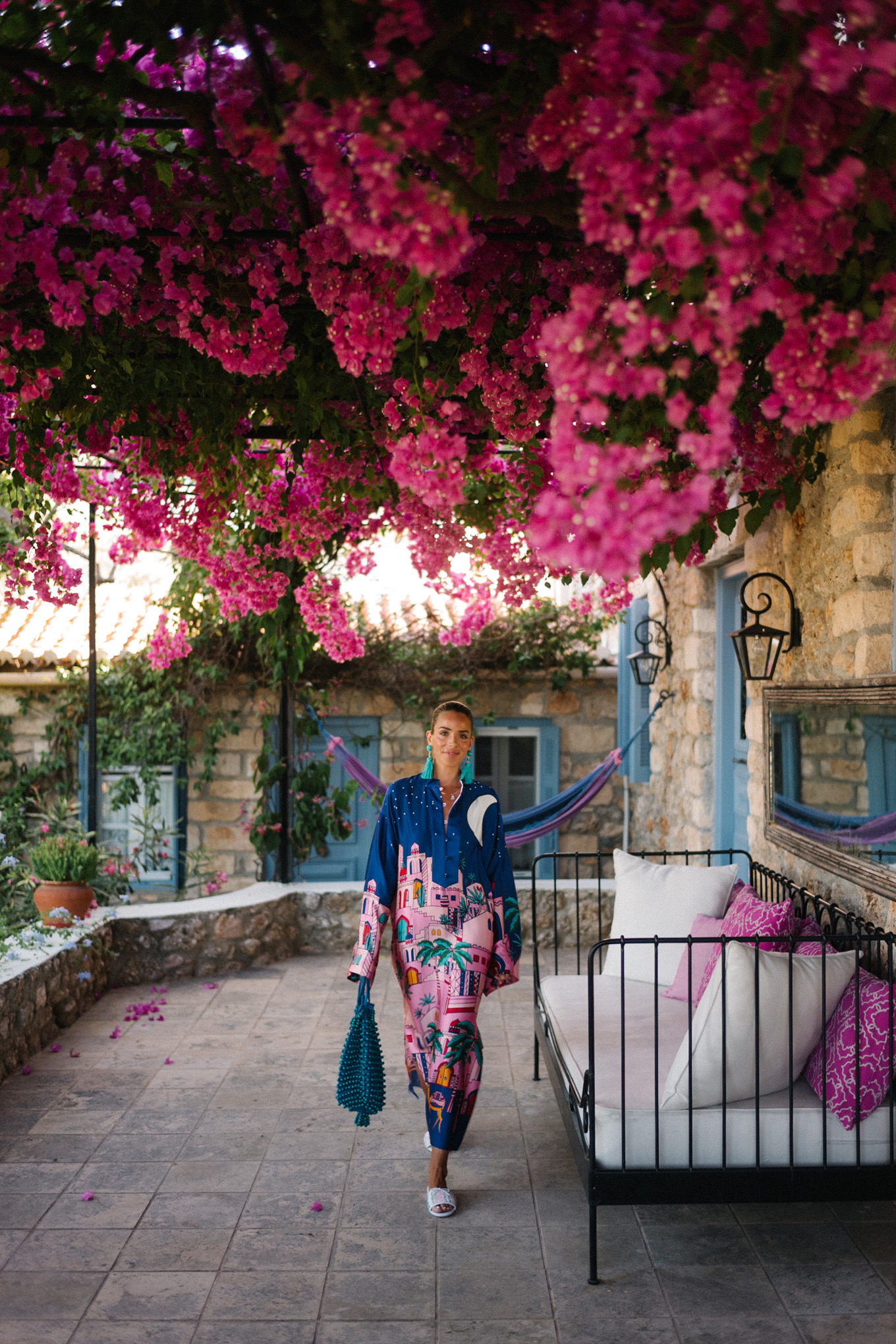 navy blue pink silk kaftan turquoise accessories
