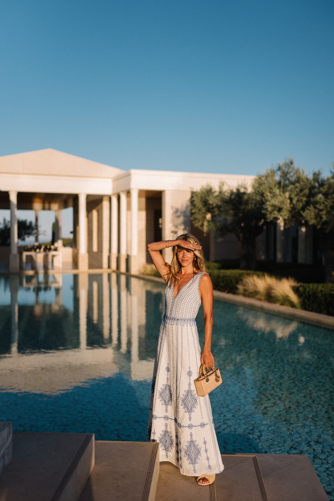 white blue embroidered maxi dress