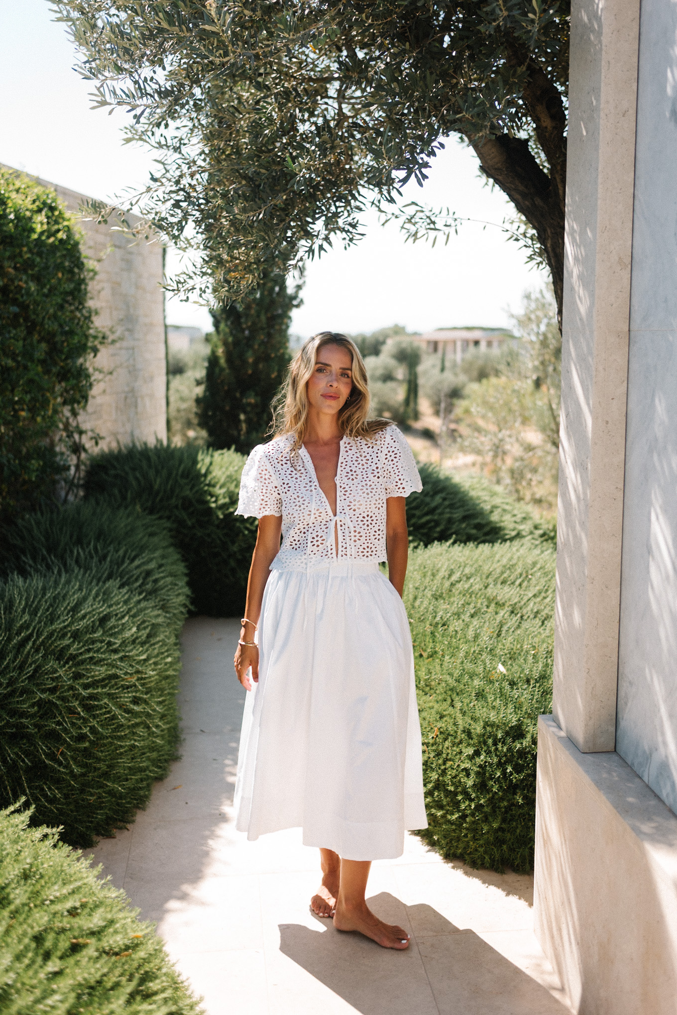white lace tie top white maxi skirt