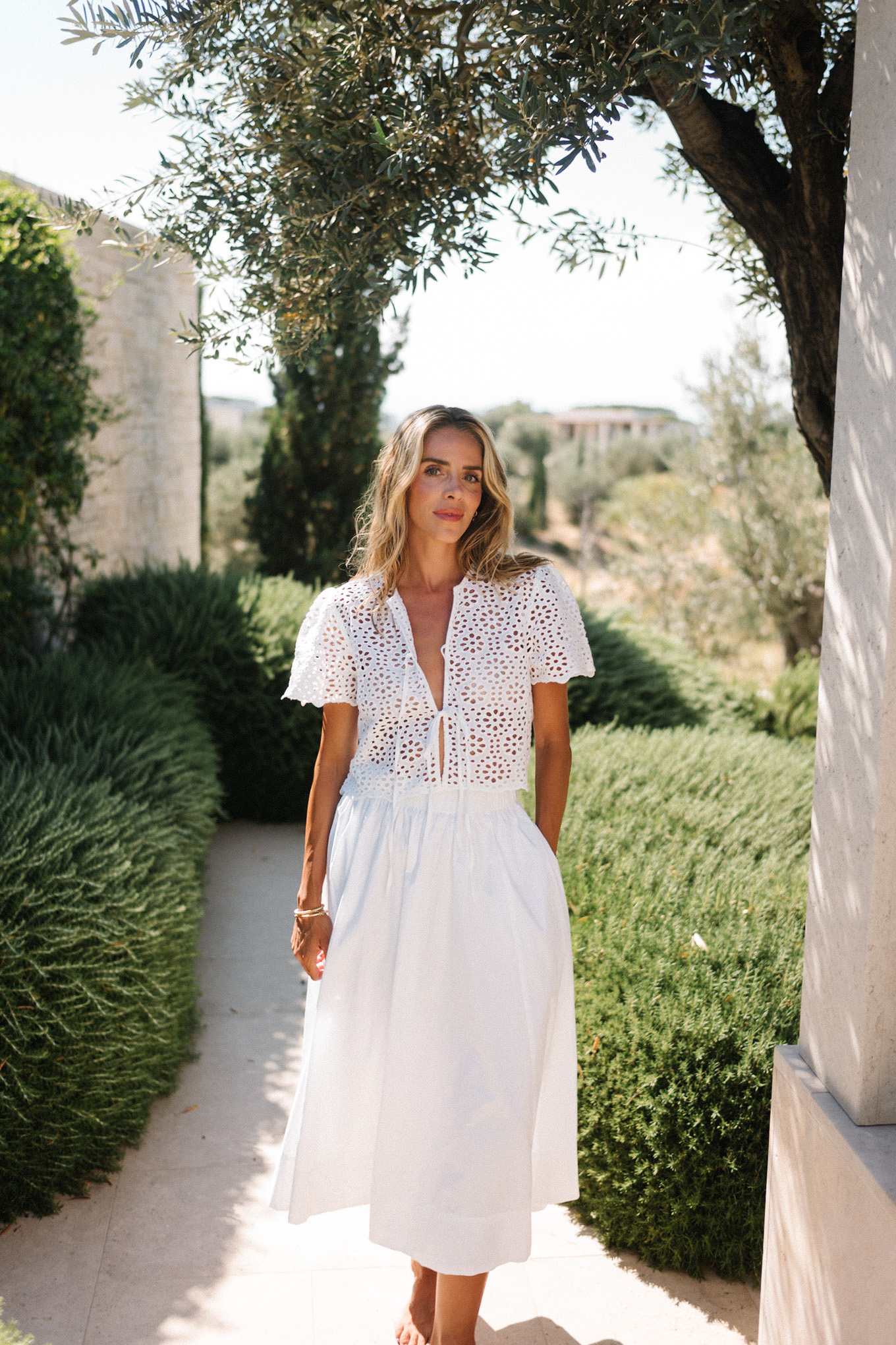 white lace tie top white maxi skirt