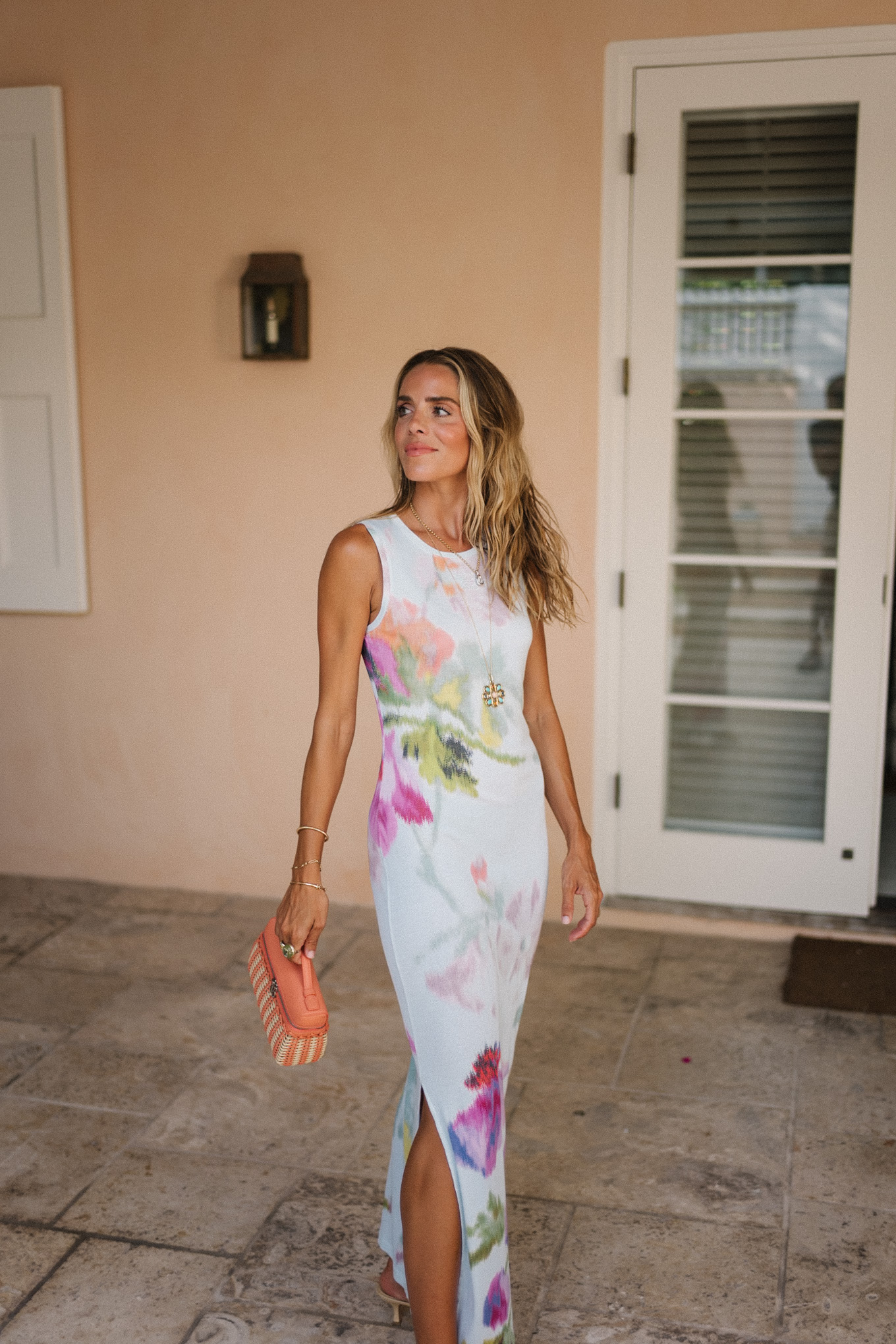 white floral jersey midi dress orange raffia handbag raffia heels