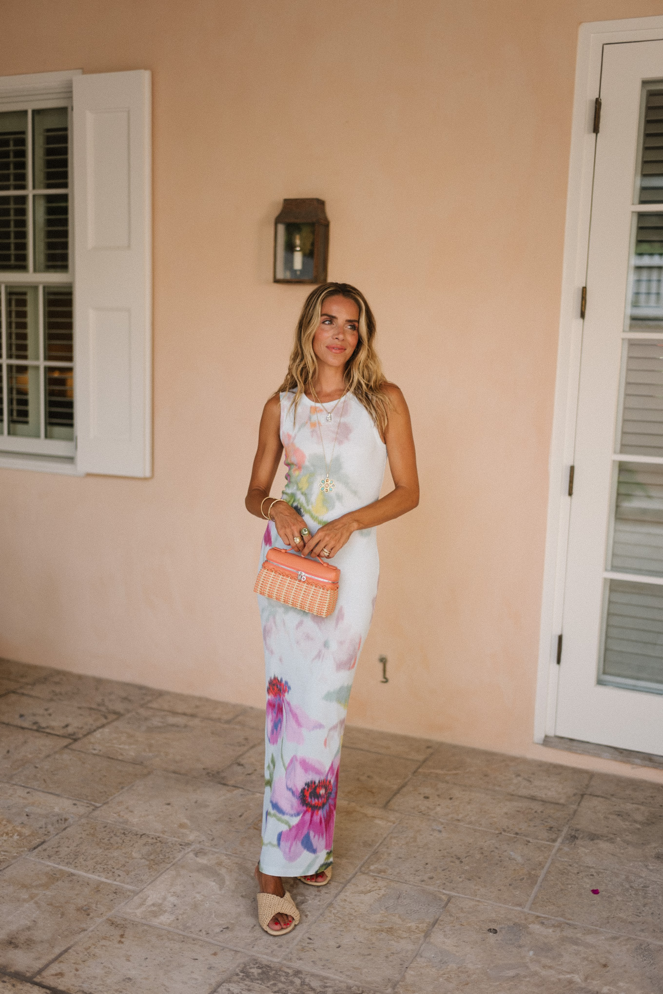 white floral jersey midi dress orange raffia handbag raffia heels