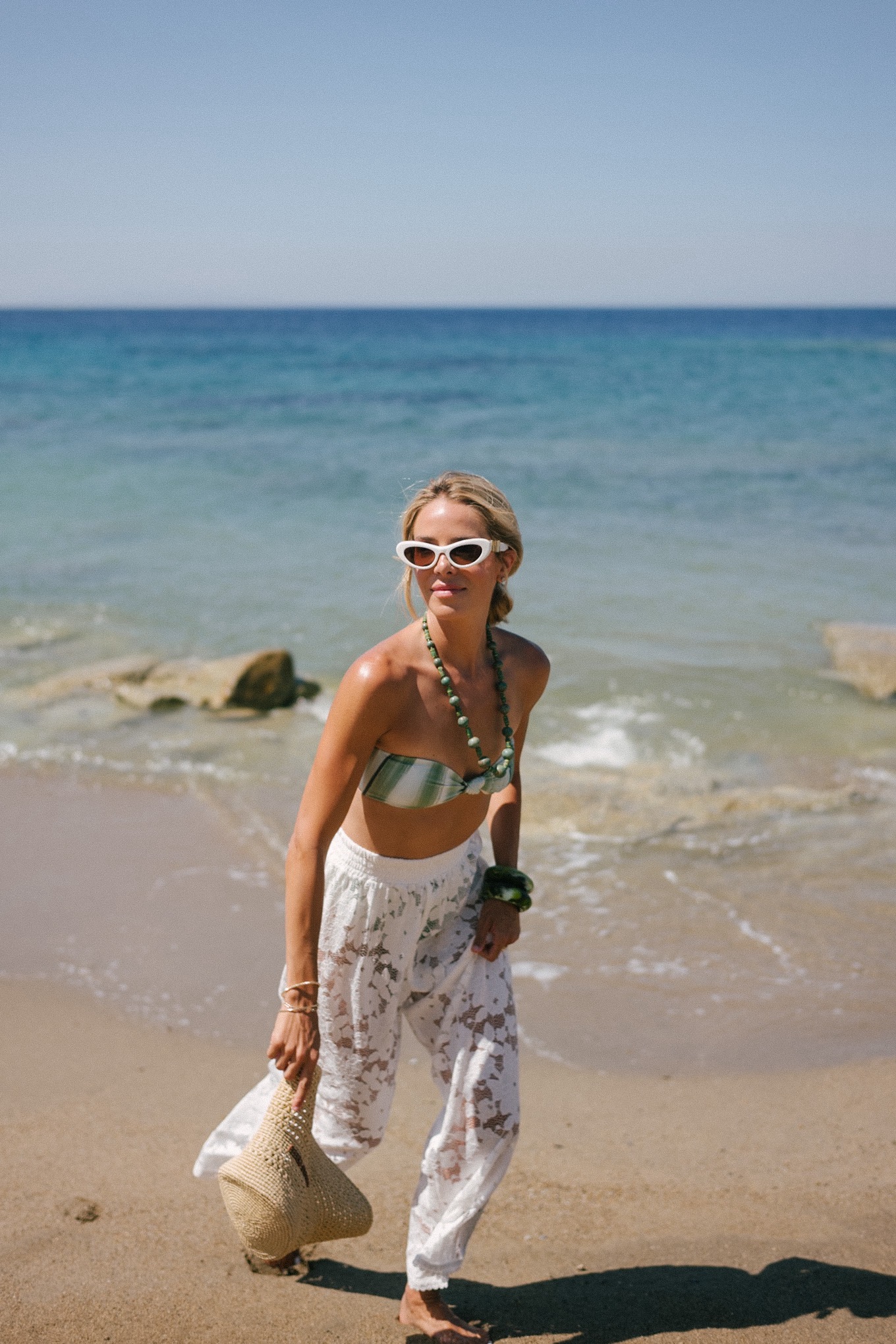 Green swim white lace beach pants