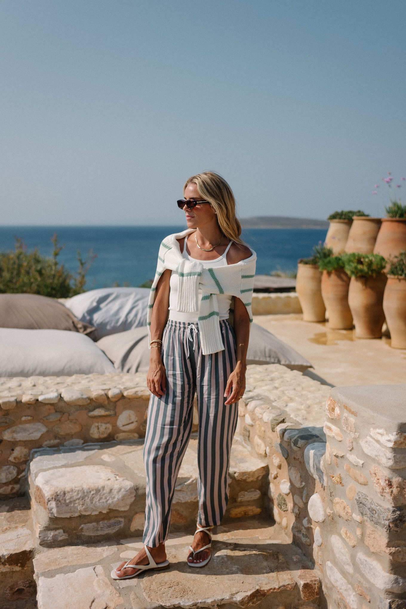 Striped sweater white tank striped pants