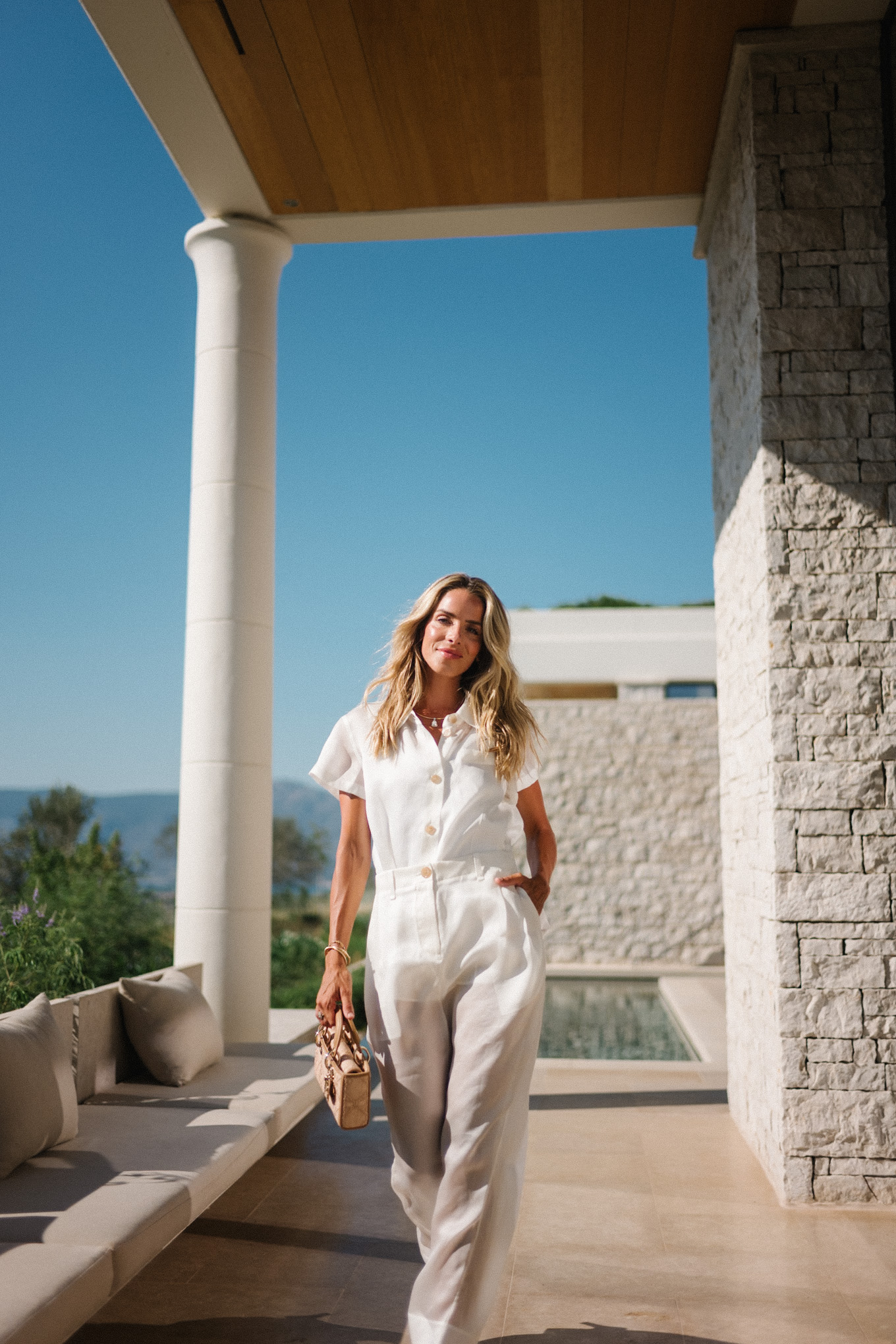 white button down top white sheer maxi skirt rattan handbag rattan heeled flip flops