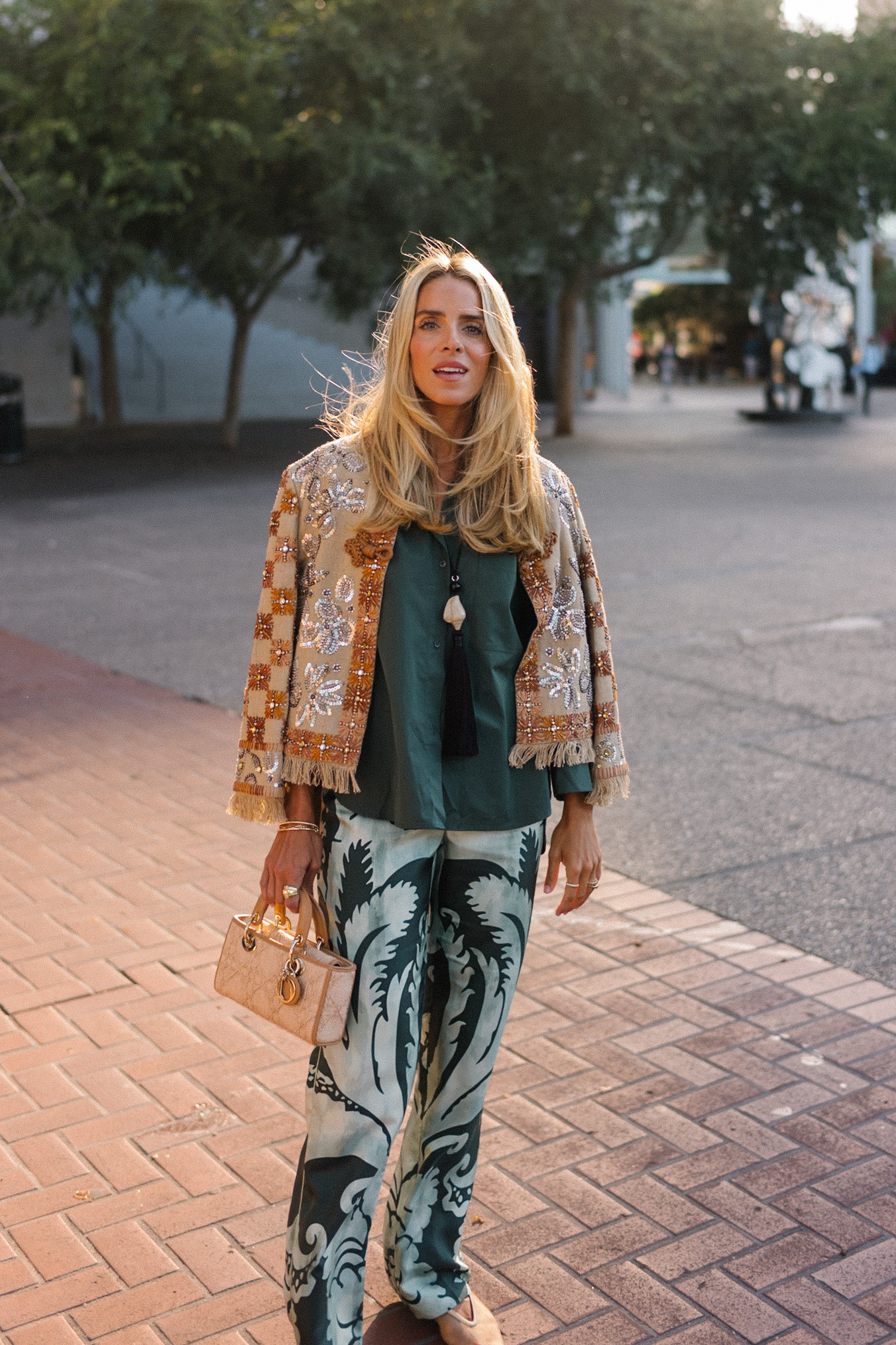 embroidered jacket green silk shirt green patterned silk pants