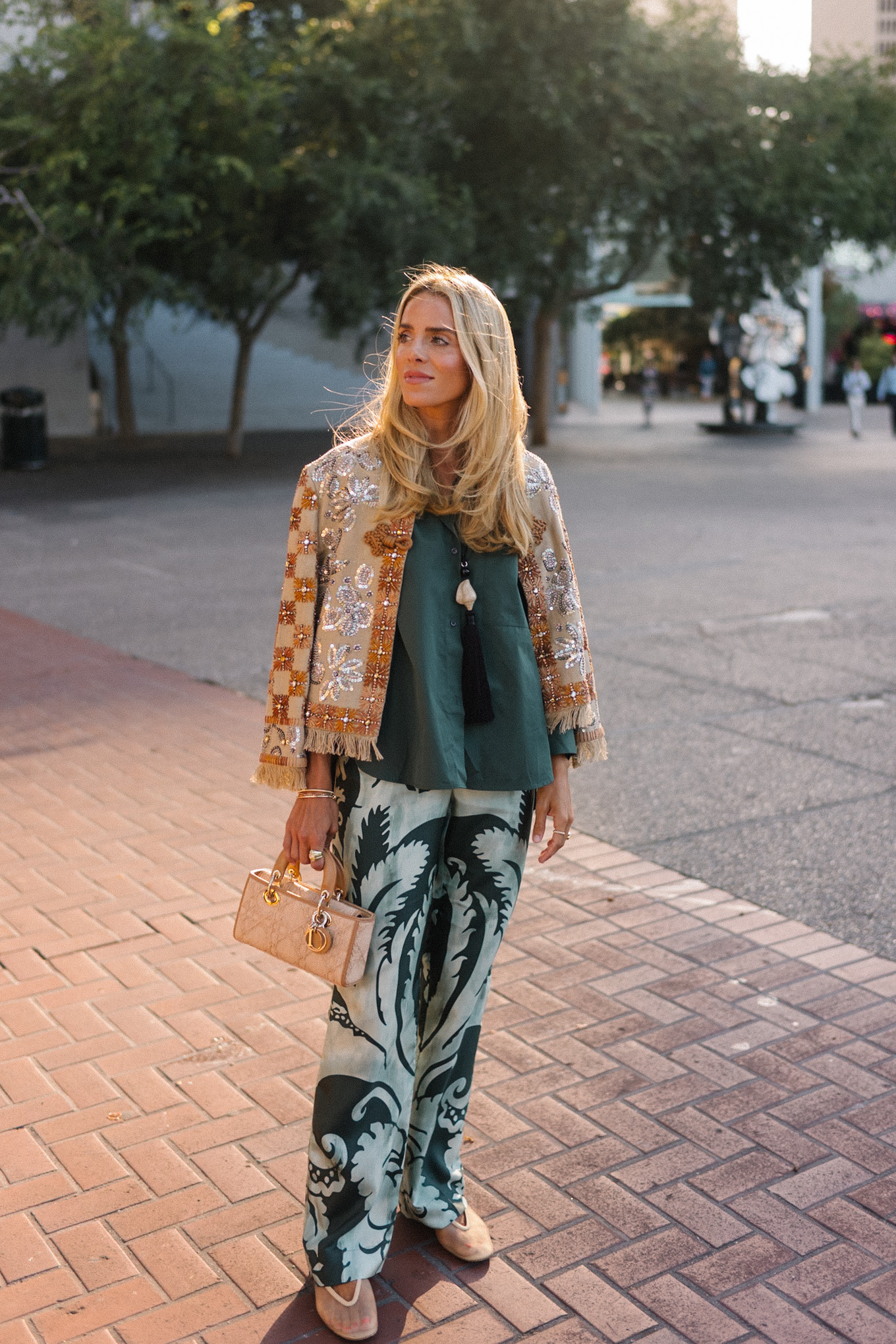 embroidered jacket green silk shirt green patterned silk pants