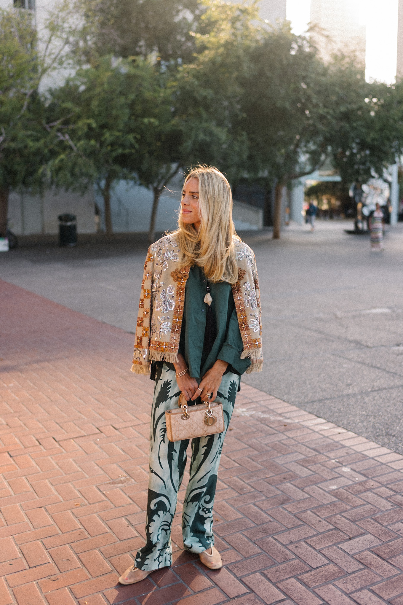 embroidered jacket green silk shirt green patterned silk pants
