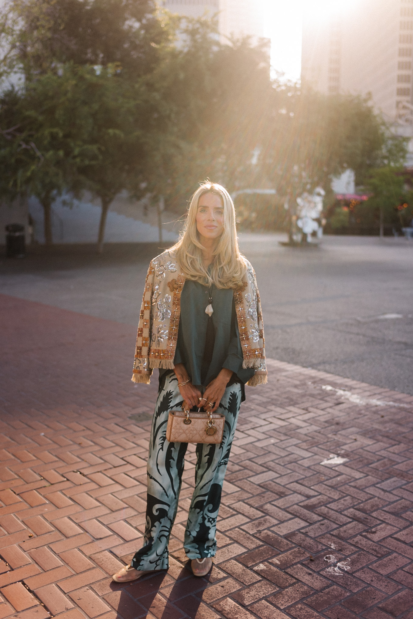 embroidered jacket green silk shirt green patterned silk pants