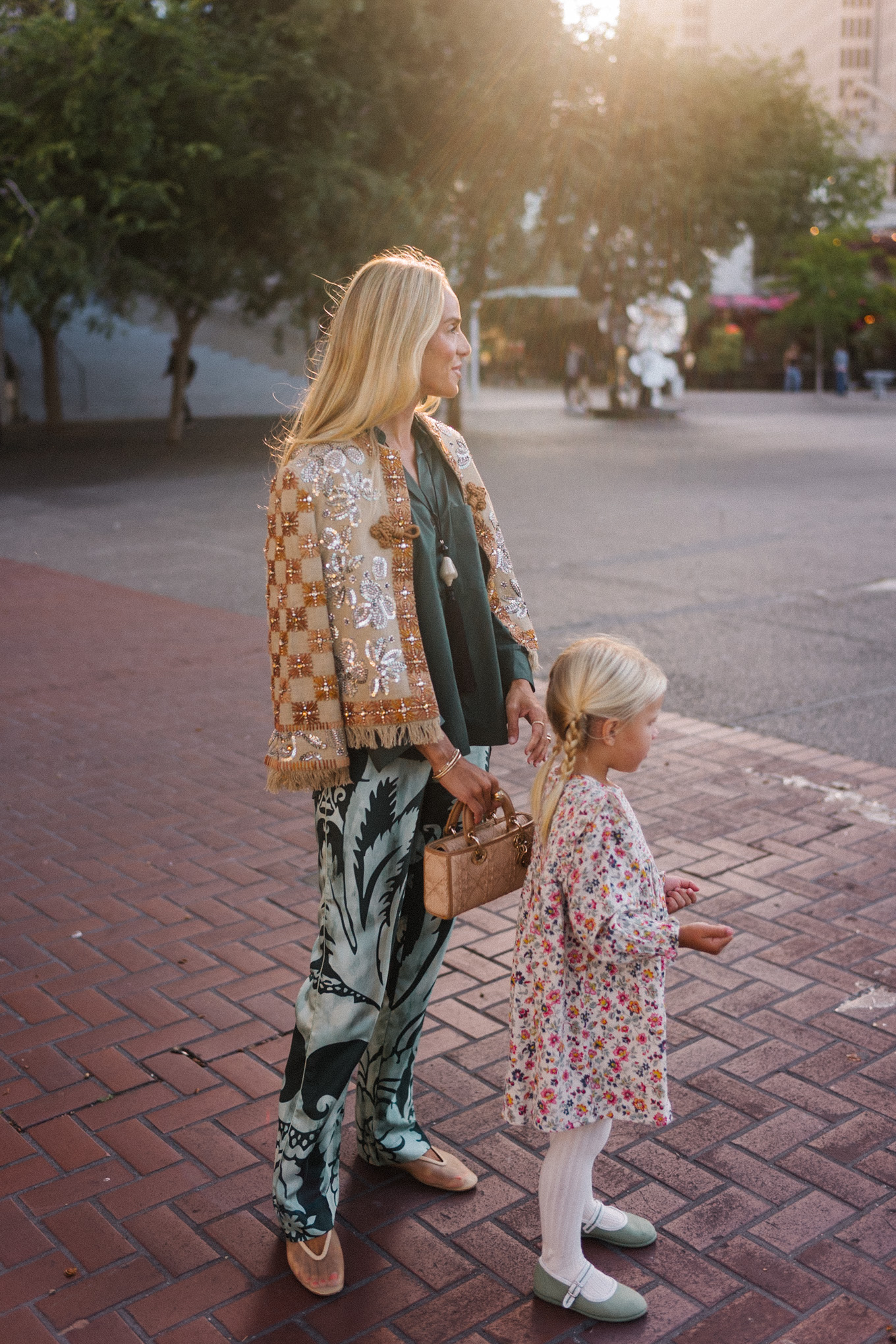 embroidered jacket green silk shirt green patterned silk pants
