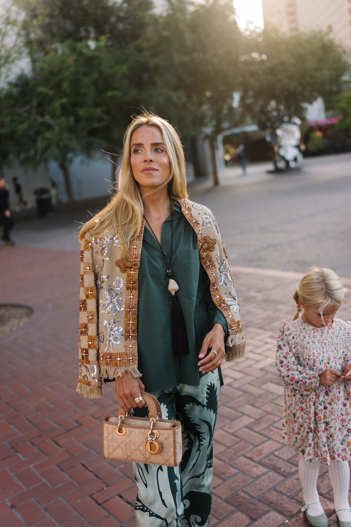 embroidered jacket green silk shirt green patterned silk pants