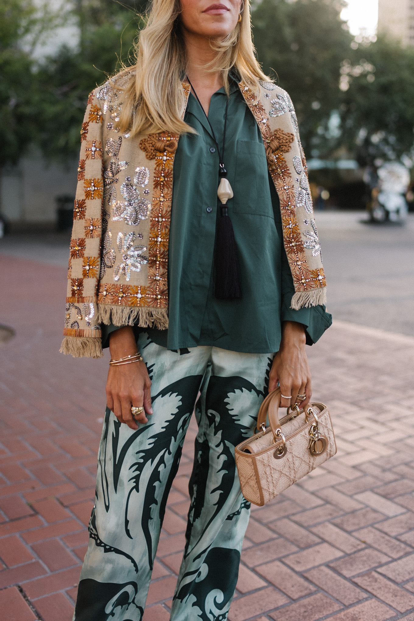 embroidered jacket green silk shirt green patterned silk pants