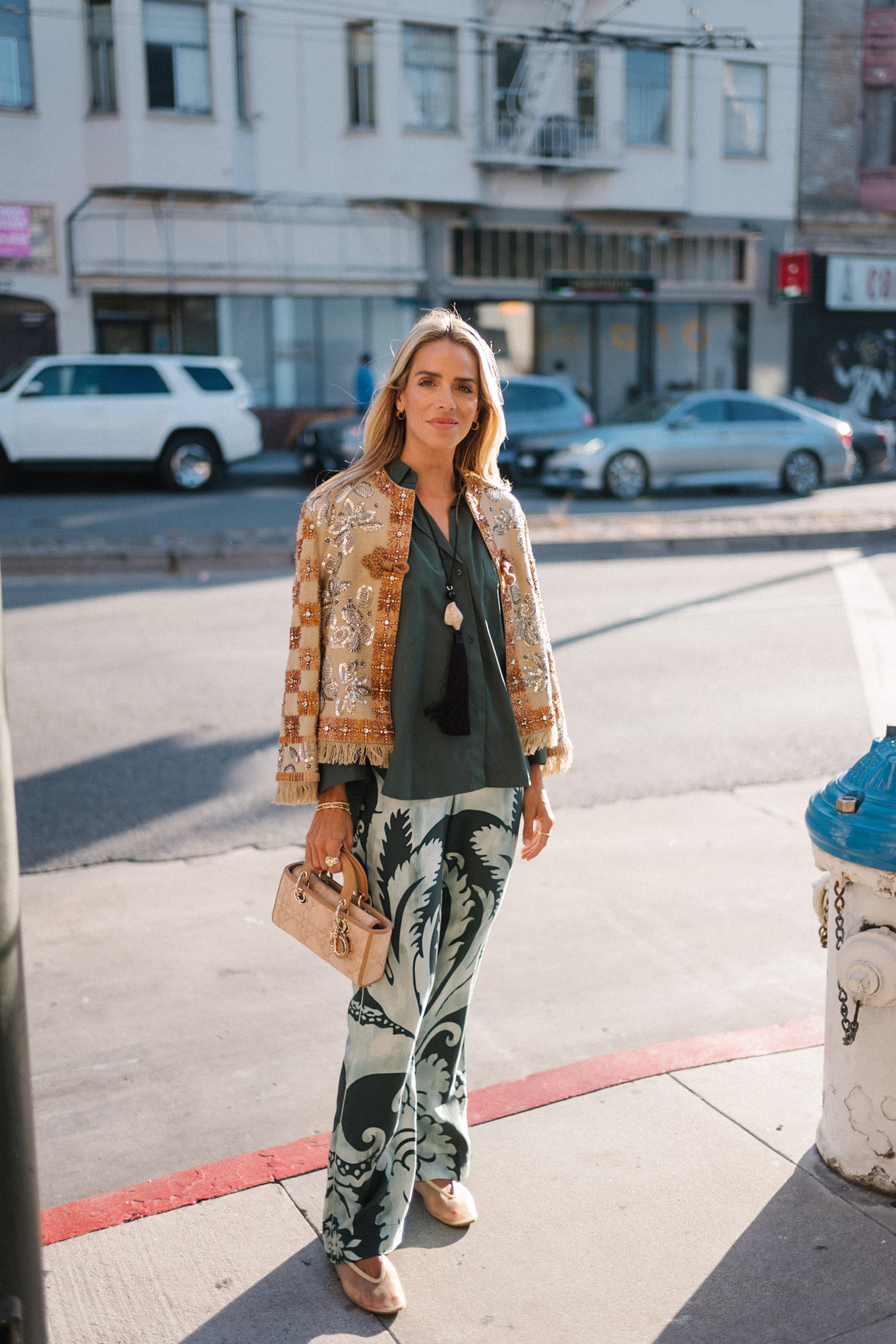 embroidered jacket green silk shirt green patterned silk pants