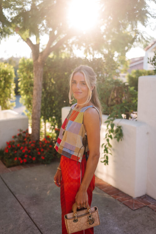 rainbow color block tank red silk pants rattan bag rattan heels
