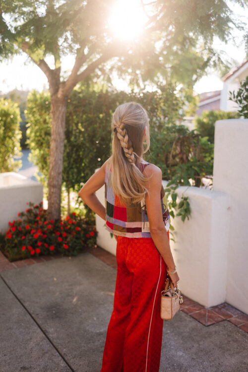 rainbow color block tank red silk pants rattan bag rattan heels