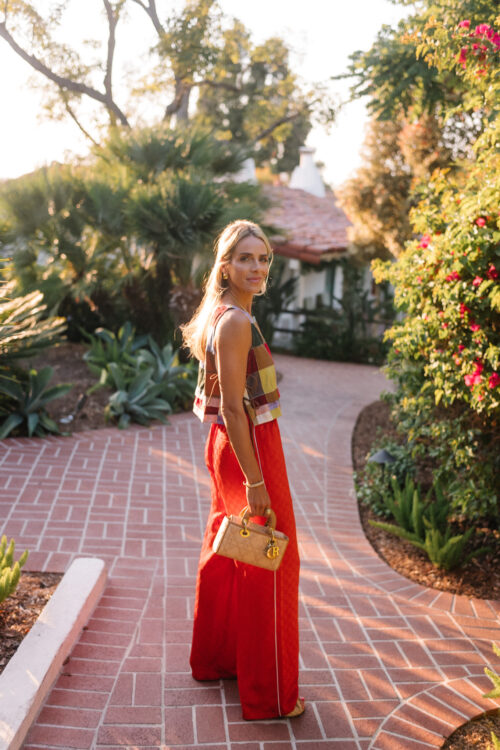 rainbow color block tank red silk pants rattan bag rattan heels