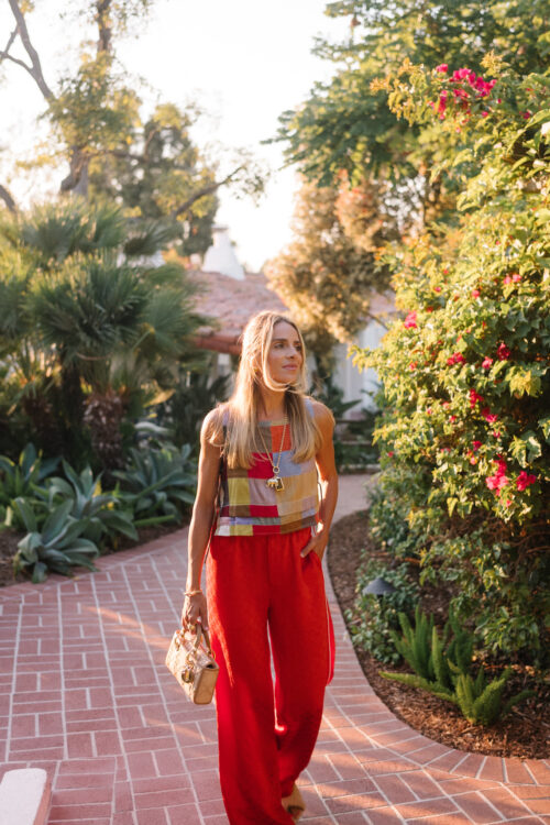 rainbow color block tank red silk pants rattan bag rattan heels