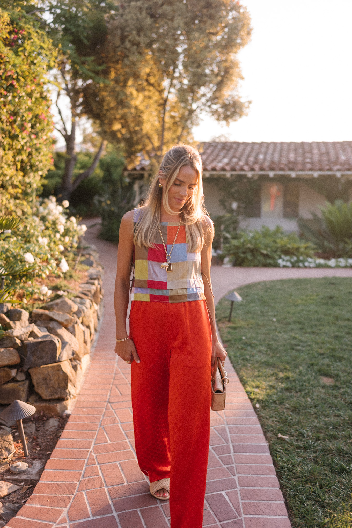 rainbow color block tank red silk pants rattan bag rattan heels