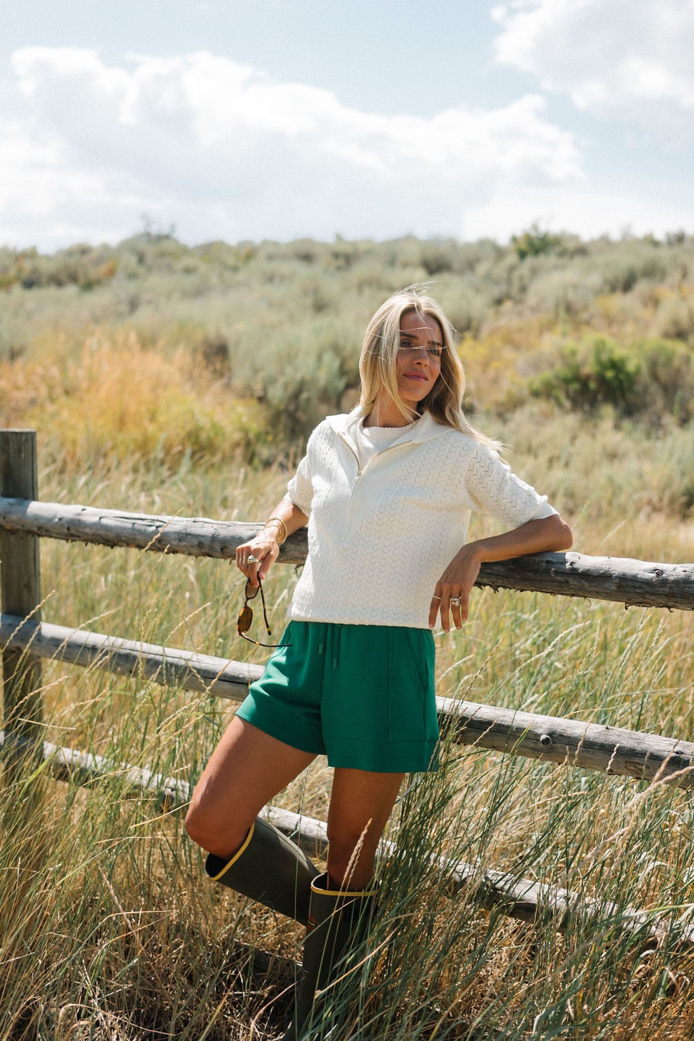 Cream Quarter Zip Short Sleived Sweater Green Sweatshorts Green Rubber Boots