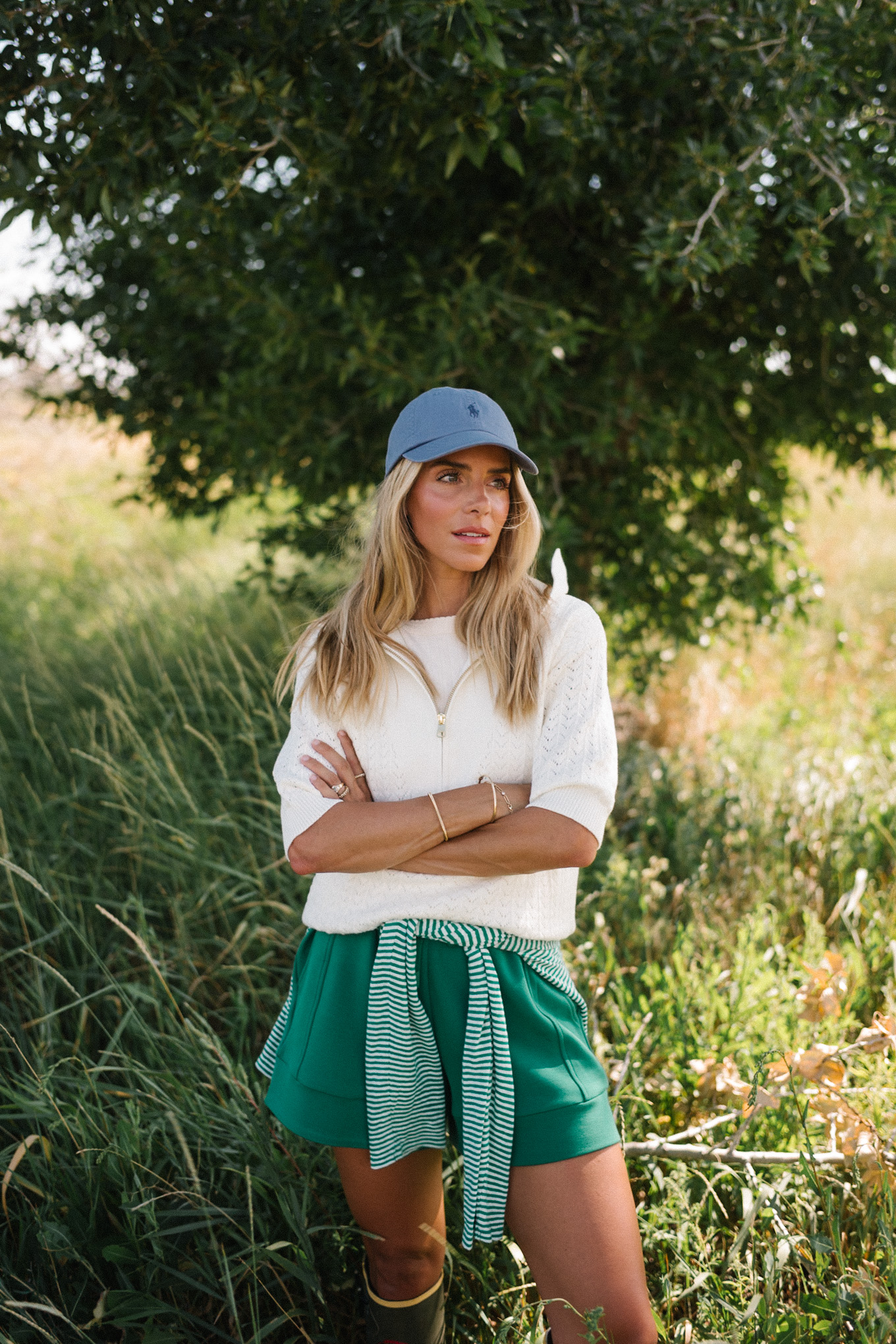Cream Quarter Zip Short Sleved Sweater Green Sweatshorts Green White Striped Long Sleeve Hare Rubber Boots