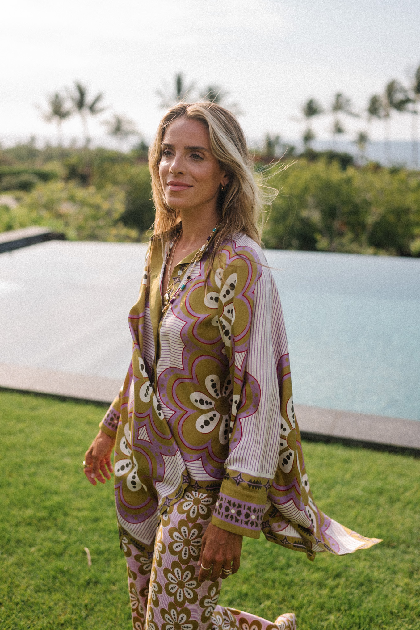 pink green floral silk top and pants